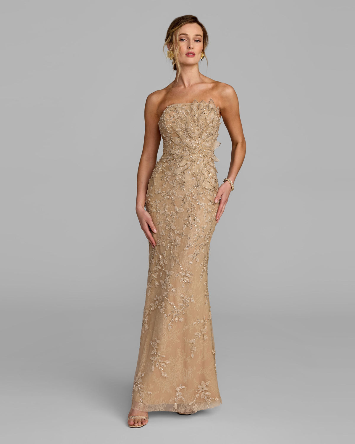 Gold Strapless Embellished Lace Gown With 3D Flower - Mac Duggal