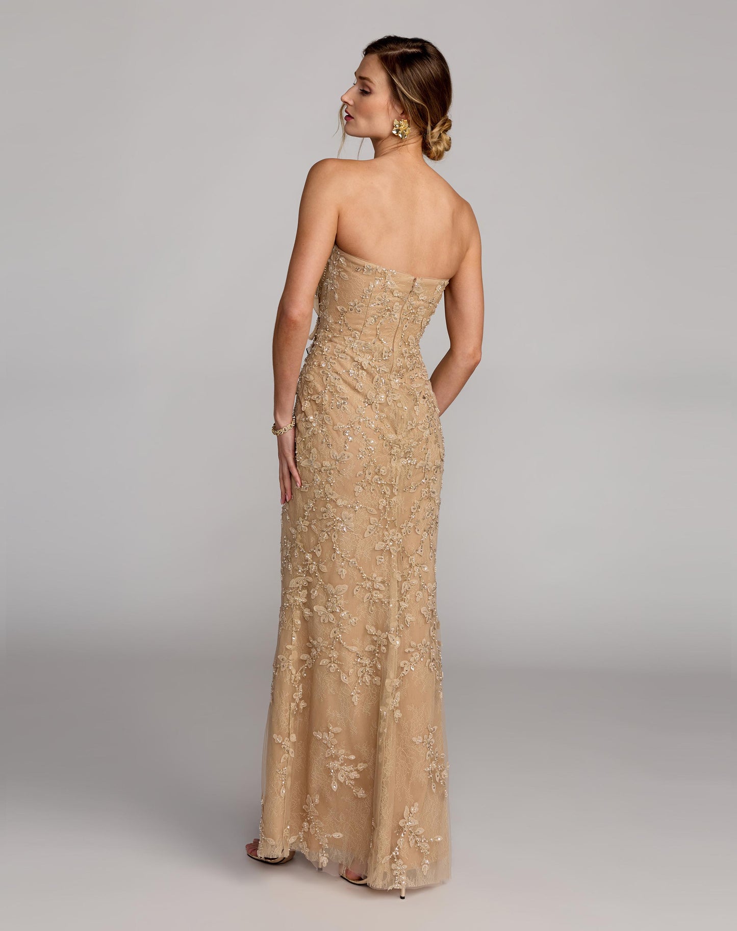 Beige Strapless Embellished Lace Gown With 3D Flower - Mac Duggal