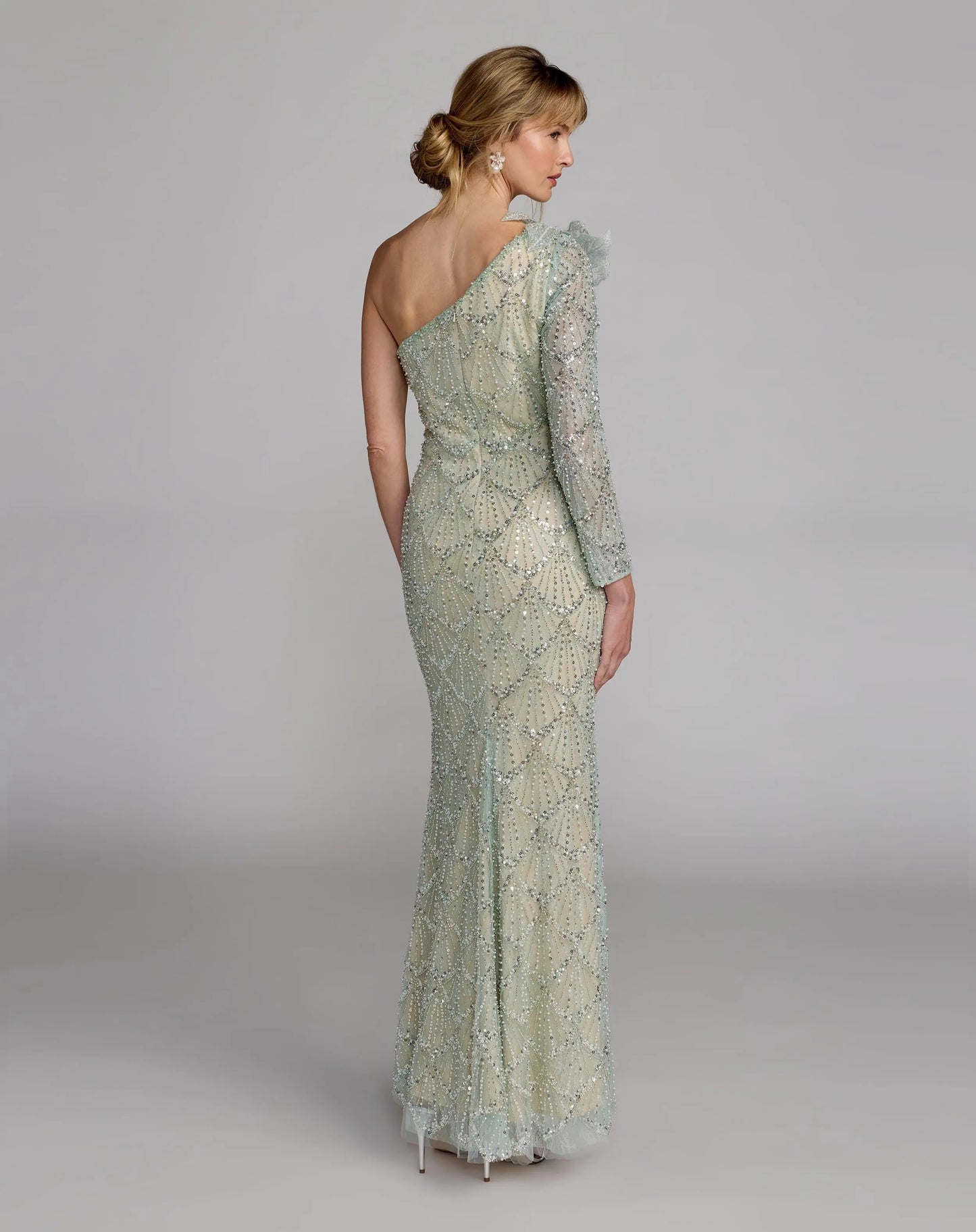 Green One Shoulder Embellished Gown With Floral Accent - Mac Duggal