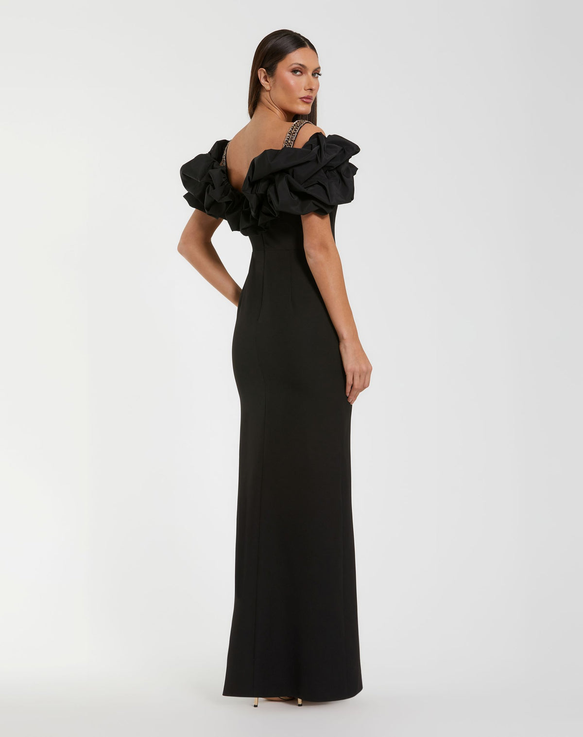 Black Crepe Off The Shoulder Column Gown Ieena for Mac Duggal