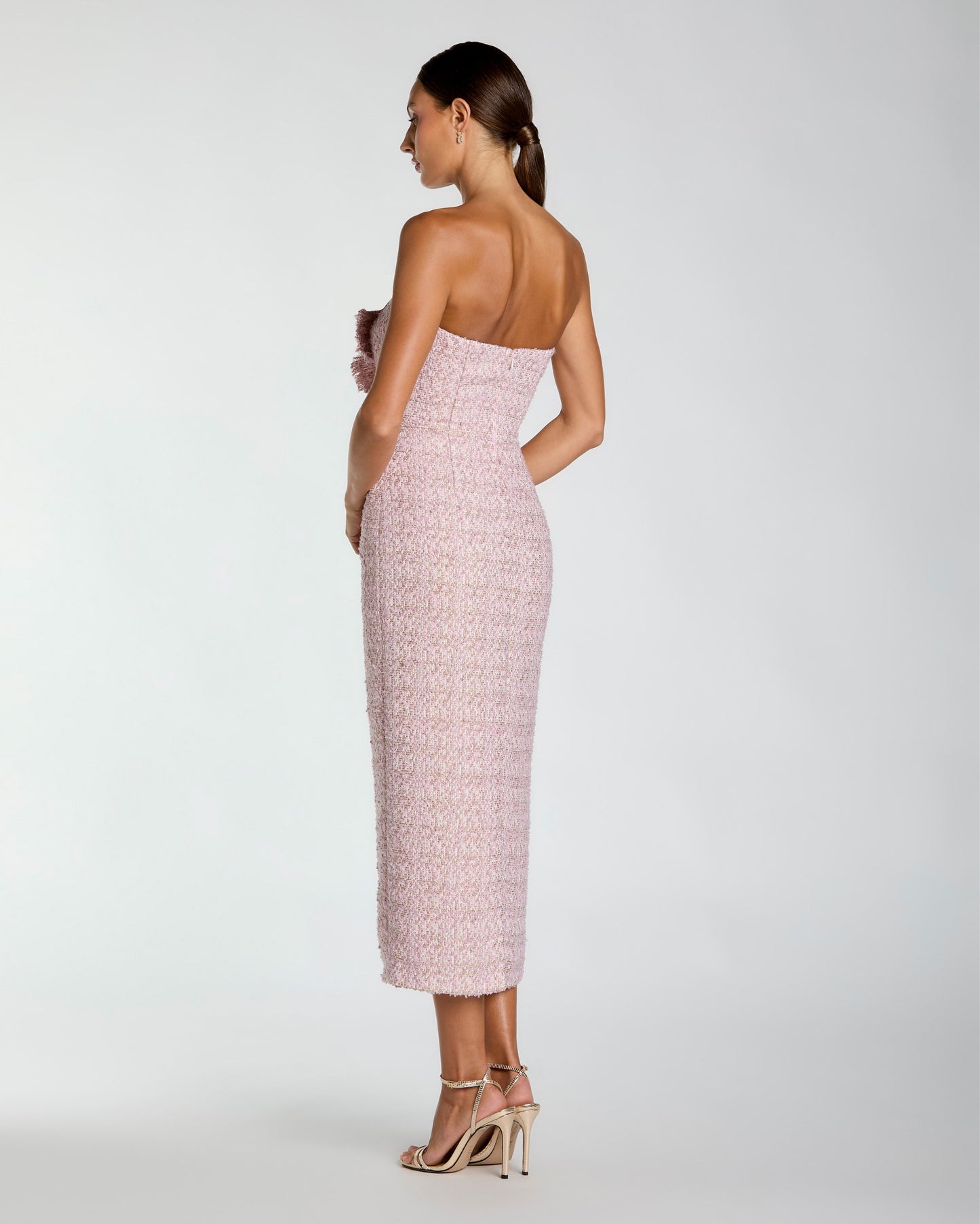 Pink Strapless Bouclé Midi Dress With 3D Flower Ieena for Mac Duggal
