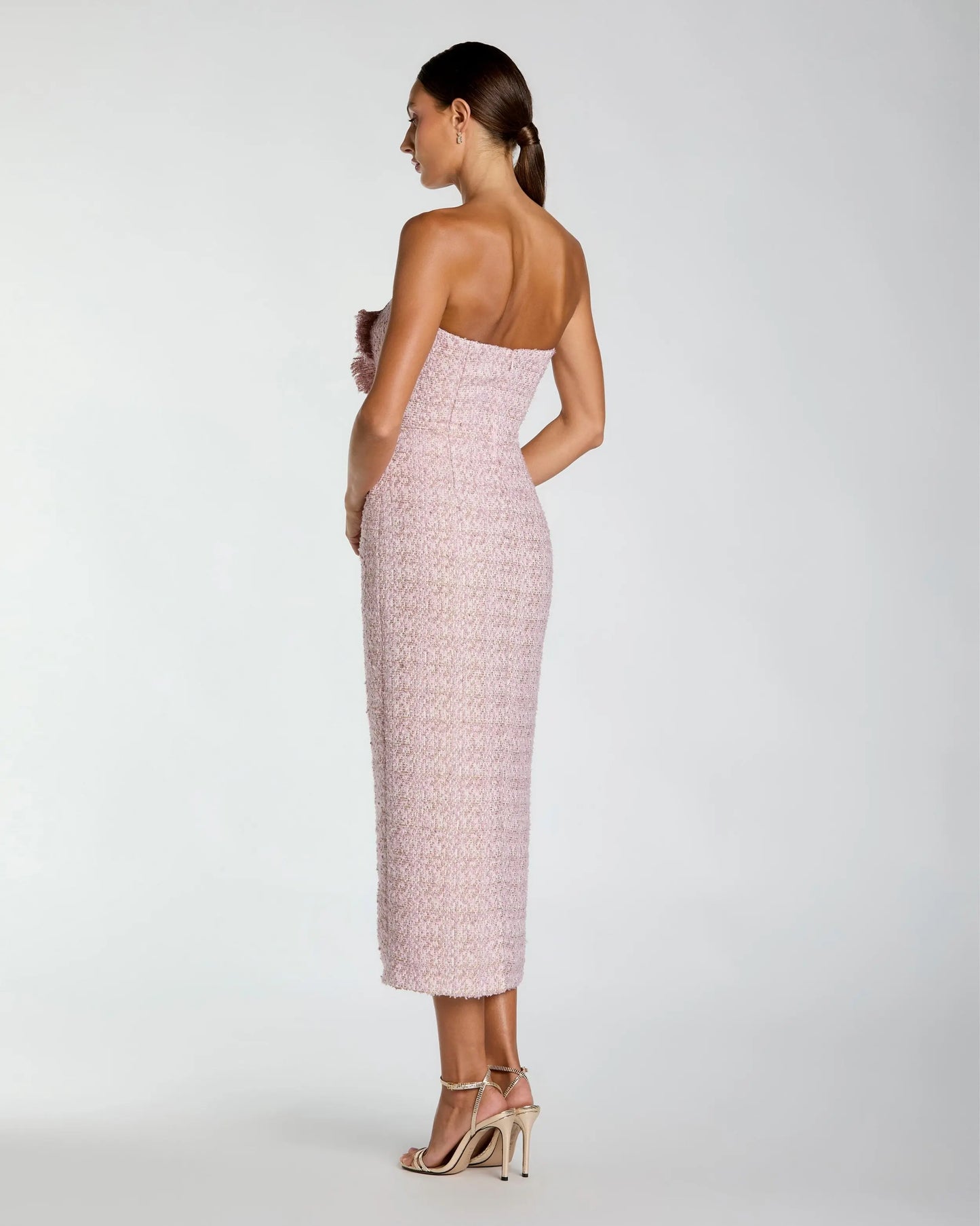 Pink Strapless Bouclé Midi Dress With 3D Flower Ieena for Mac Duggal