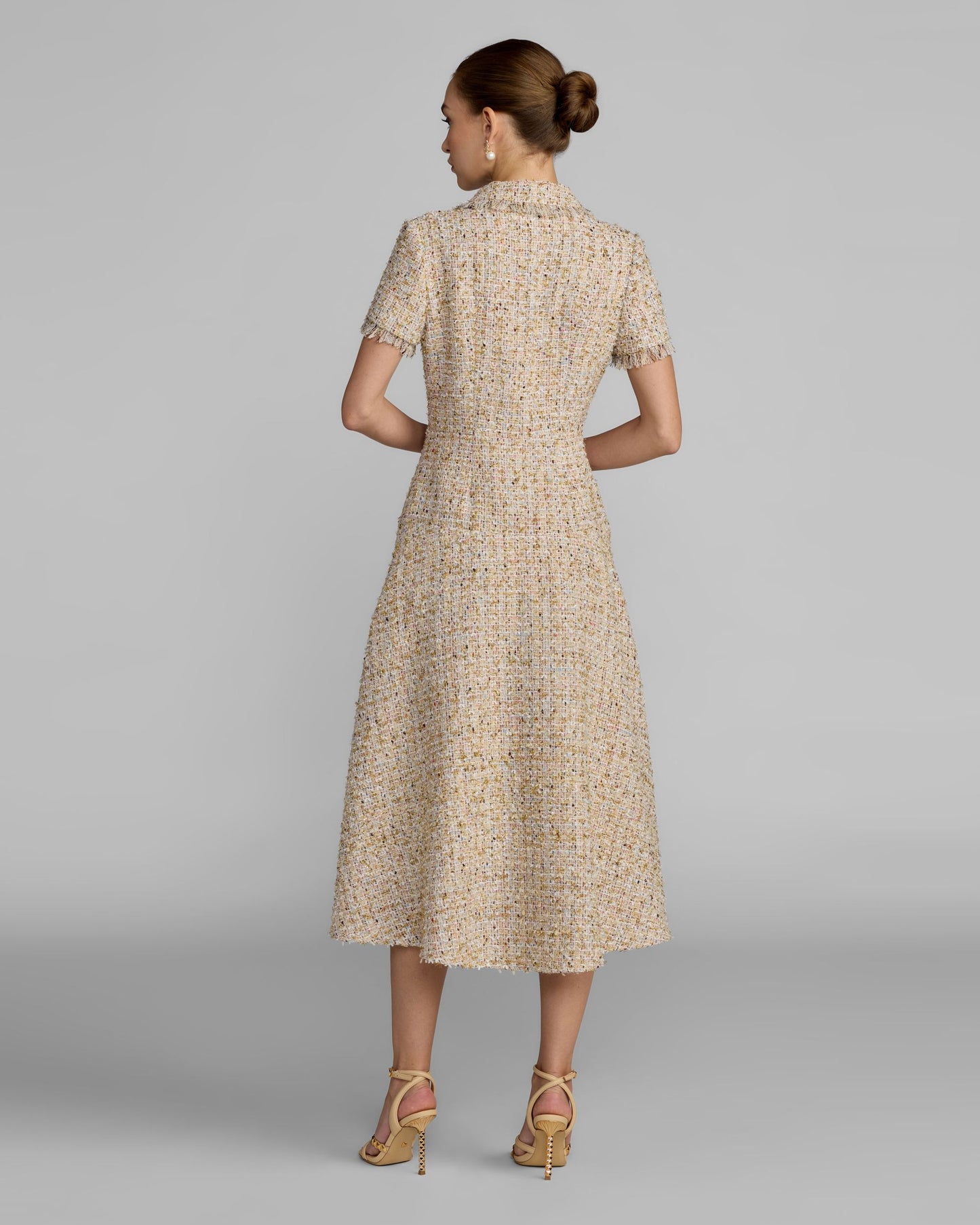Beige Bouclé Midi Dress with Rhinestone Buttons Ieena for Mac Duggal