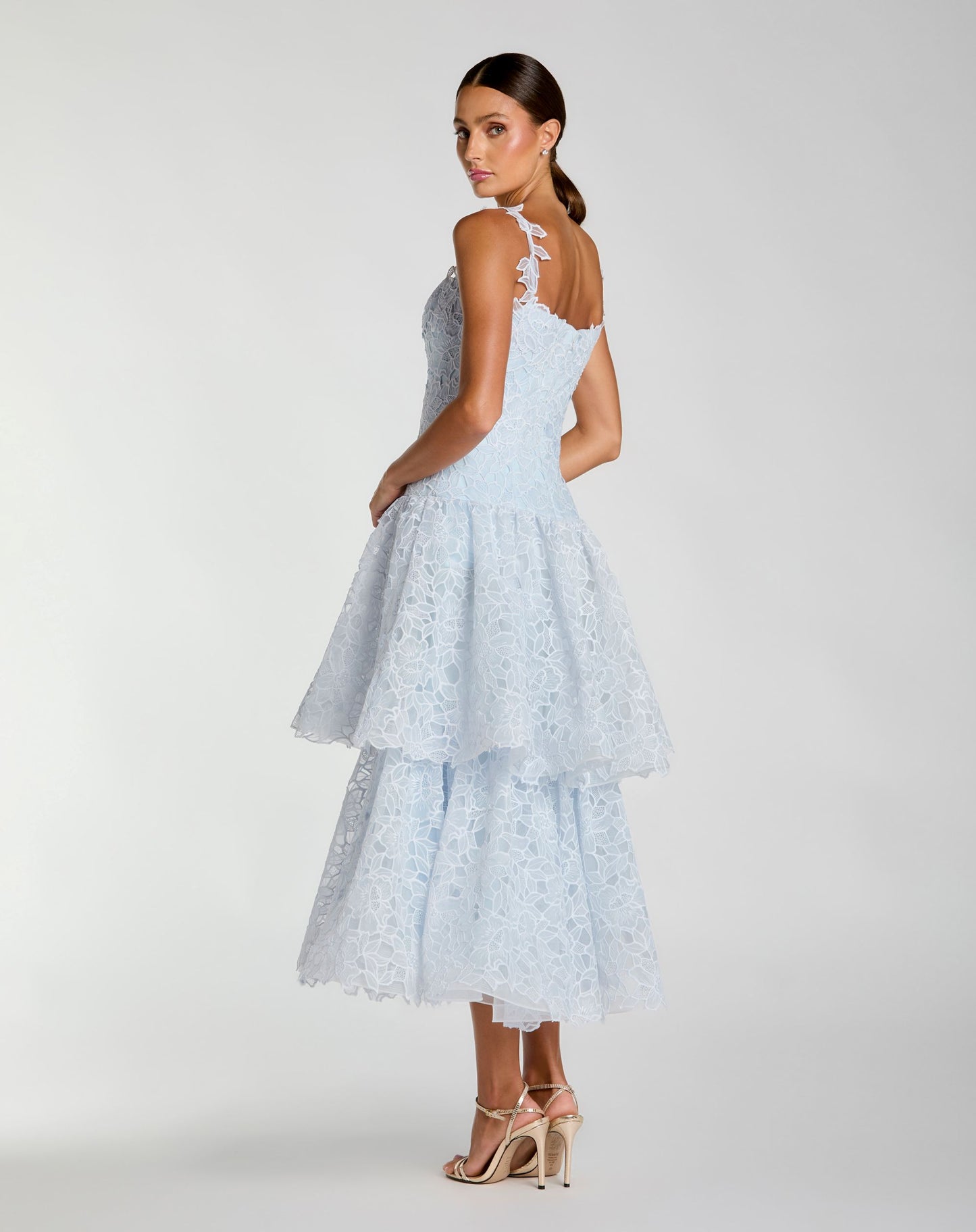 Petite Blue Sleeveless Embroidered Lace Tiered Midi Dress - Ieena for Mac Duggal