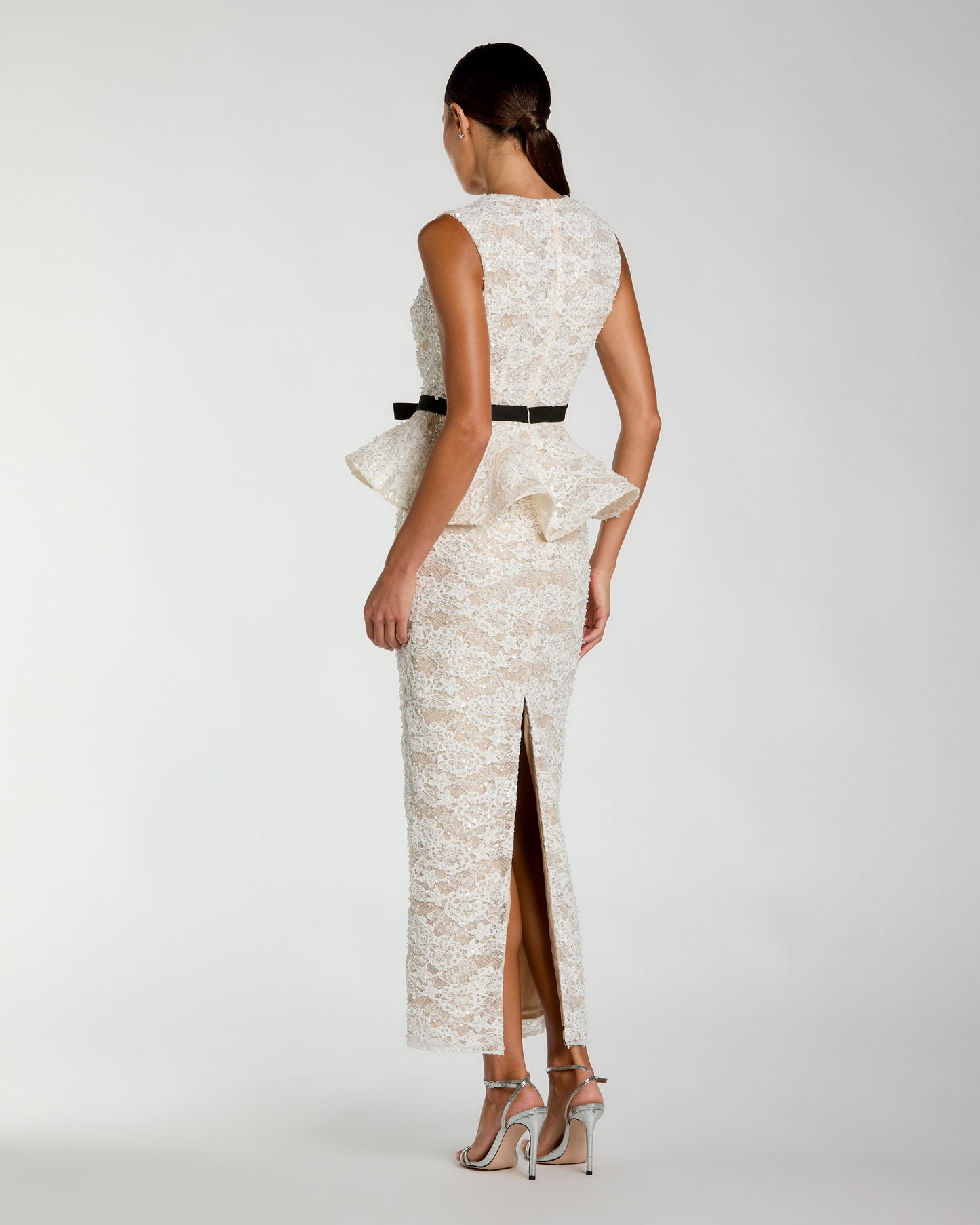 White Lace Peplum Column Gown with Bow Ieena for Mac Duggal