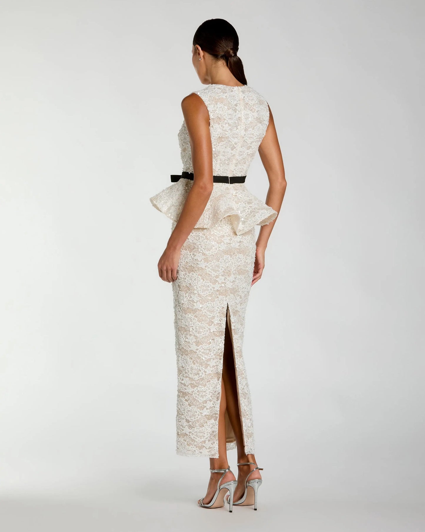 White Lace Peplum Column Gown with Bow Ieena for Mac Duggal
