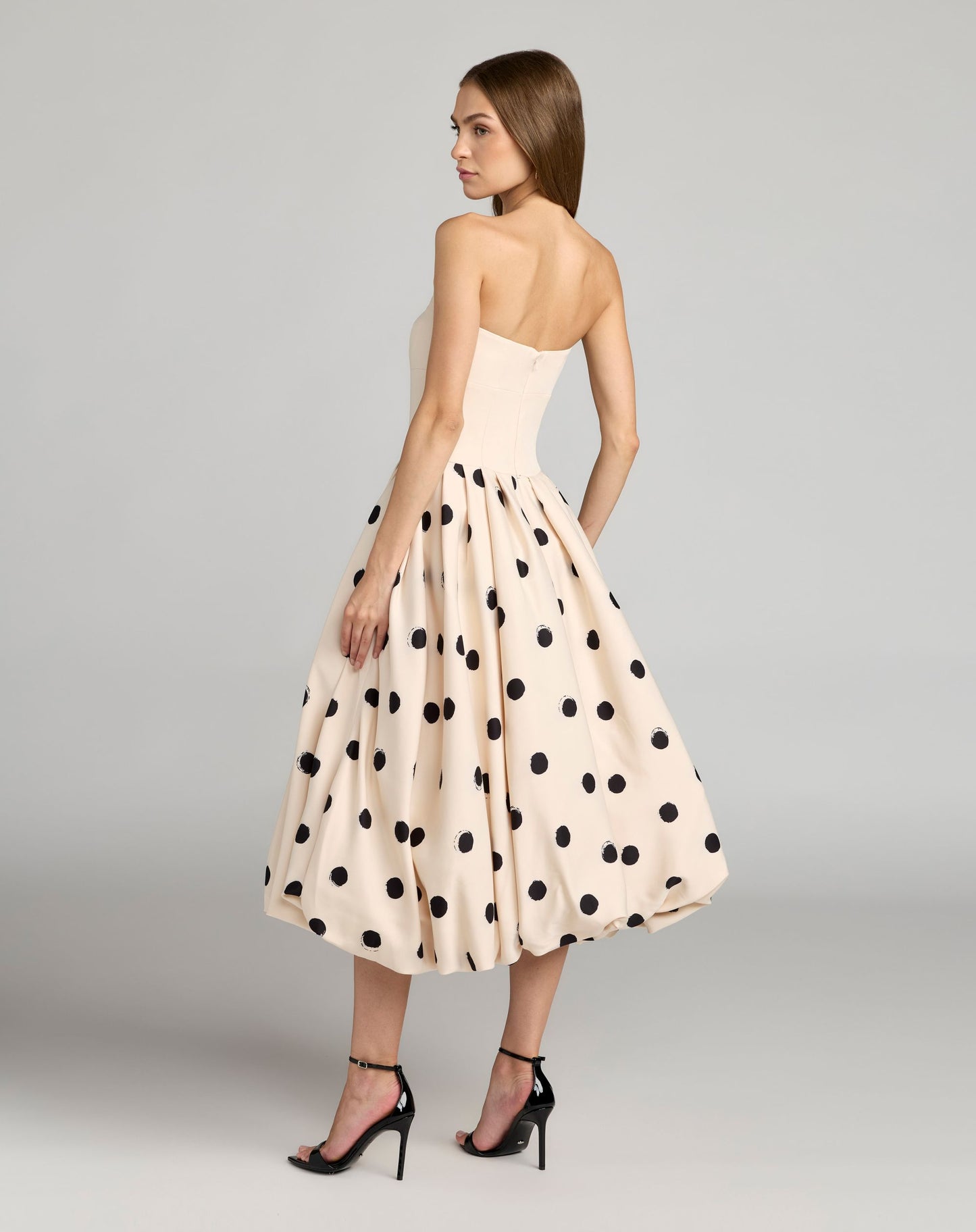 Beige Strapless Polka Dot Bubble Skirt Midi Dress