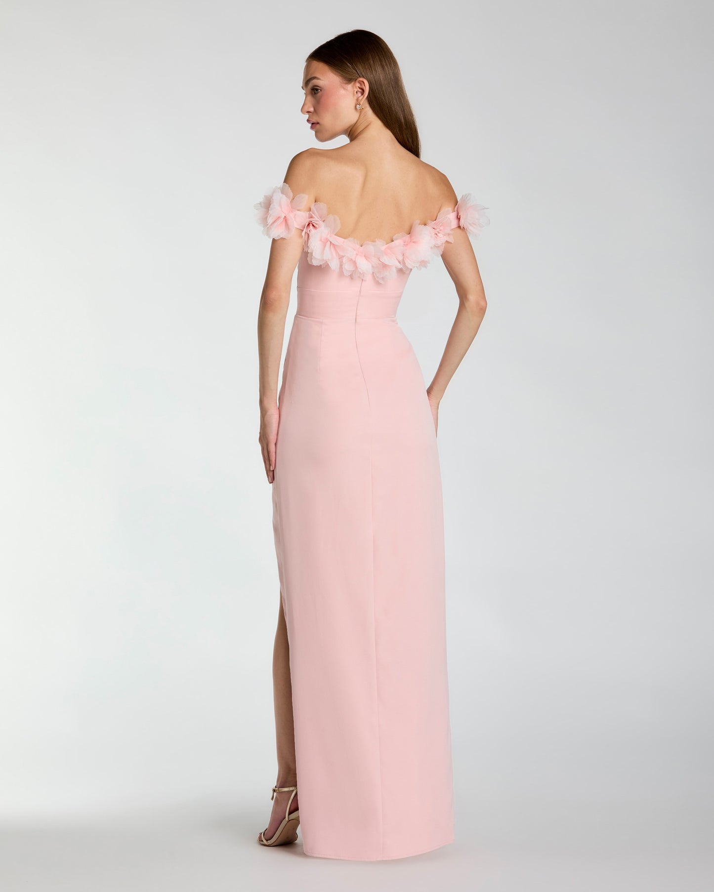 Pink Off The Shoulder Column Gown With 3D Flowers Ieena for Mac Duggal