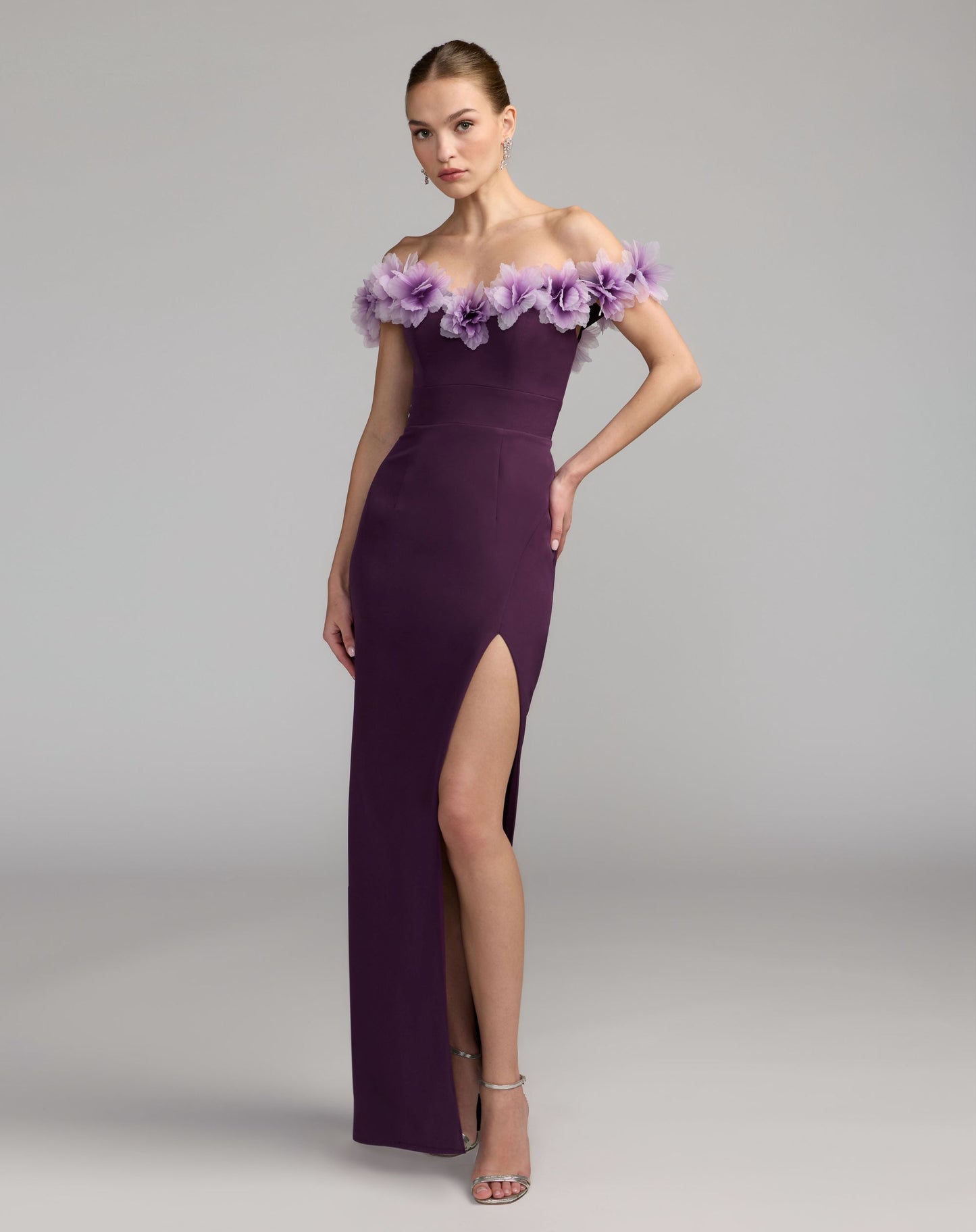 Purple Off The Shoulder Column Gown With 3D Flowers - Ieena for Mac Duggal