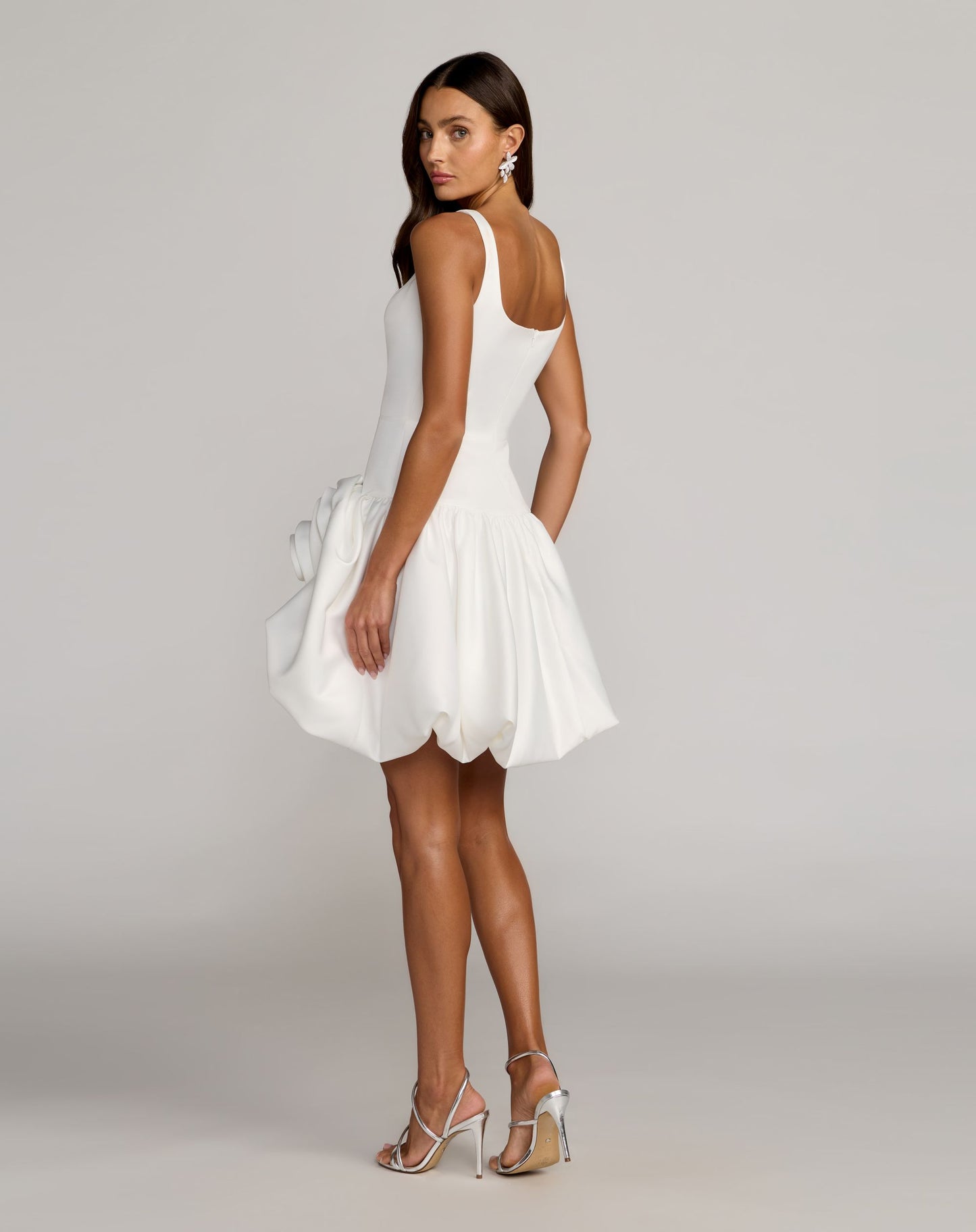 White Sleeveless Satin Bubble Hem Mini Dress - Ieena for Mac Duggal