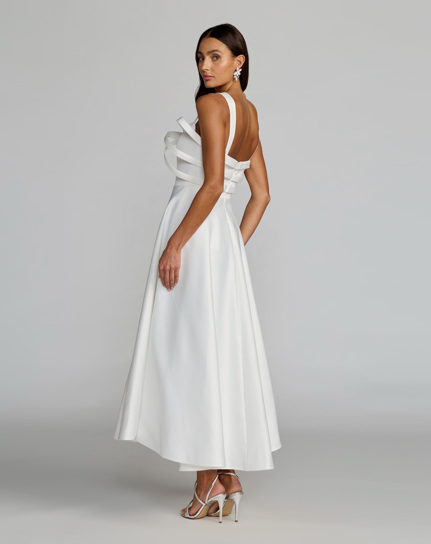 White Satin Sleeveless A Line Midi Dress With Bow - Ieena for Mac Duggal