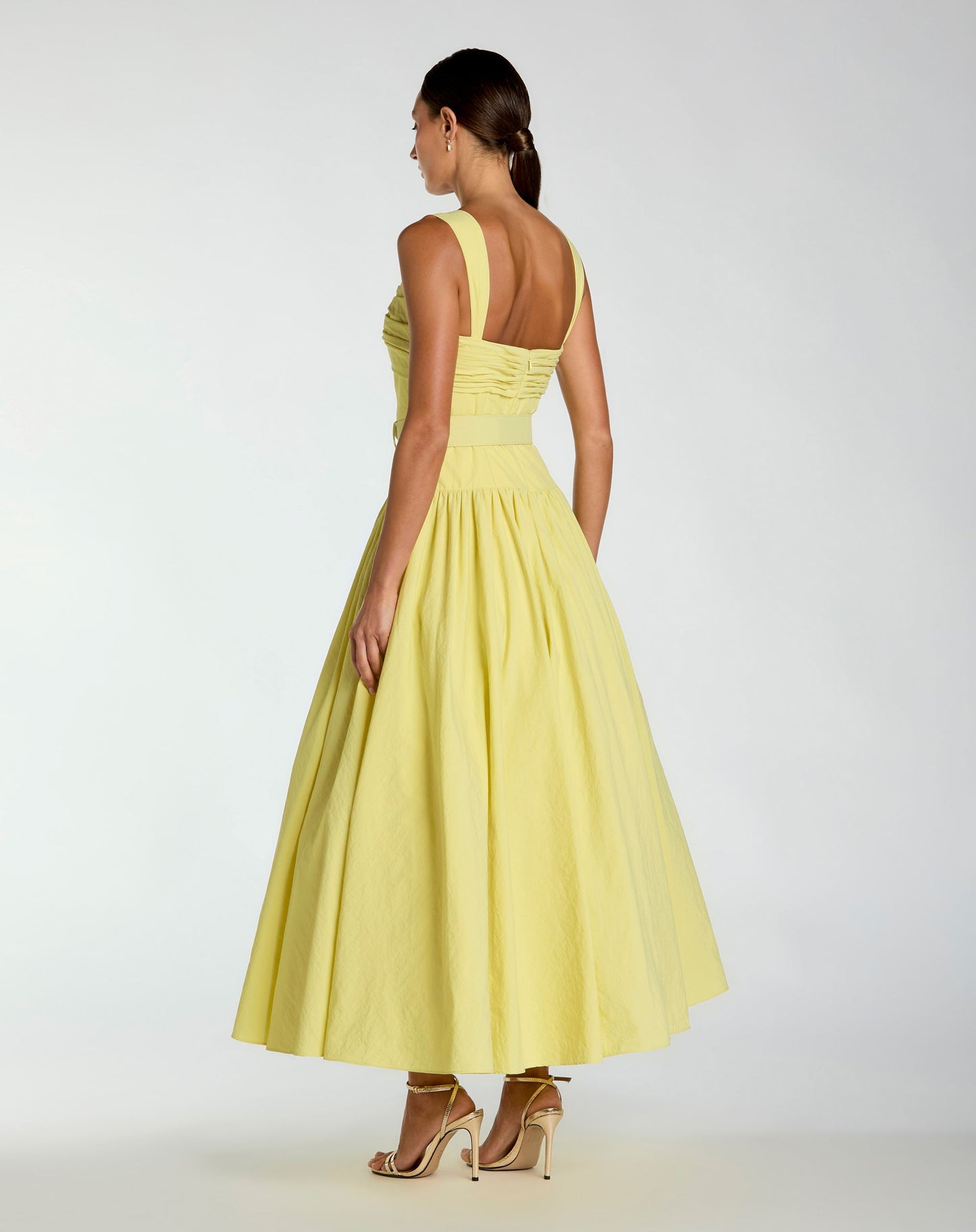 Yellow Sleeveless Faille A-Line Midi Dress With Belt - Ieena for Mac Duggal