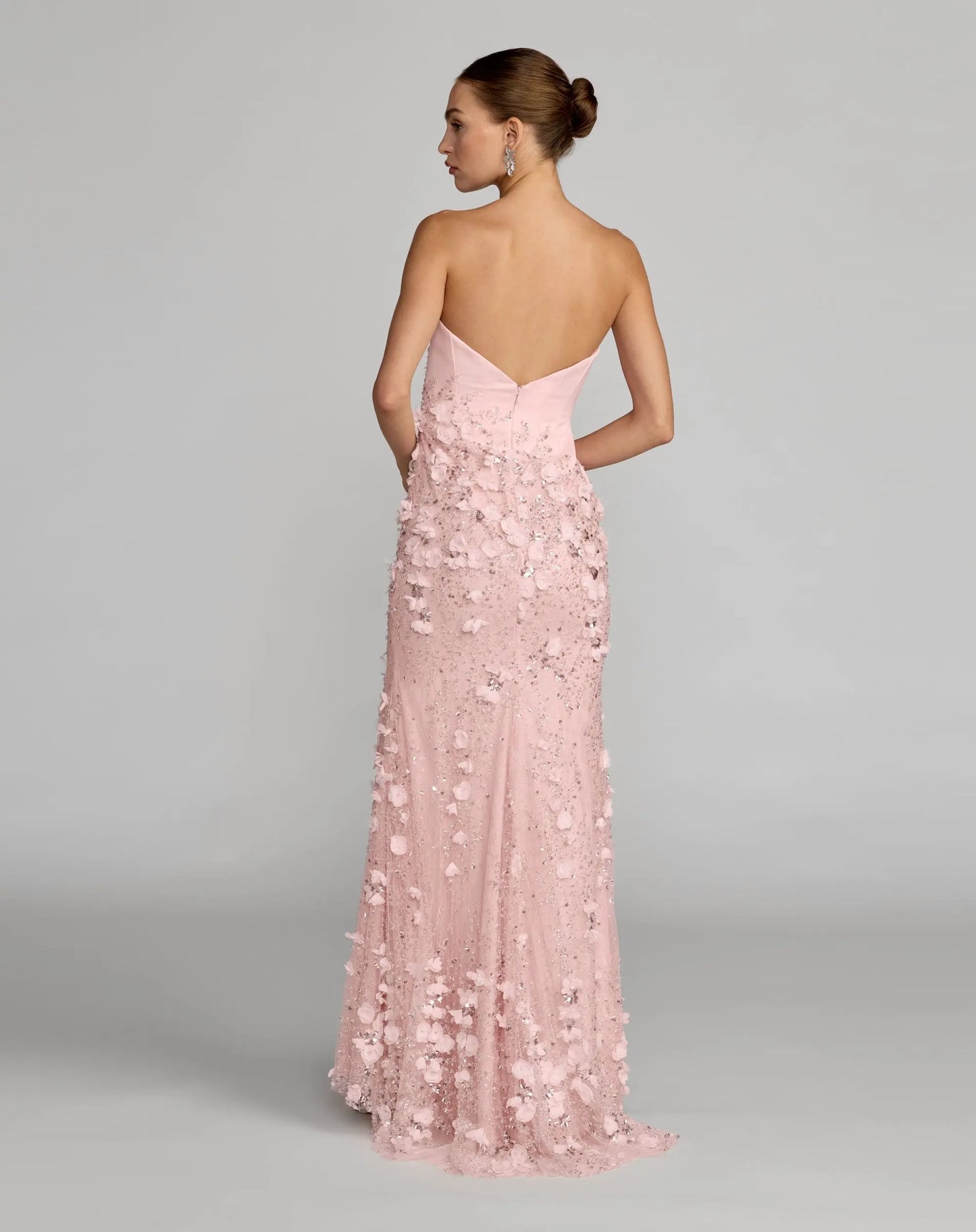 Pink Floral Satin Strapless Sweetheart Gown With Slit Mac Duggal