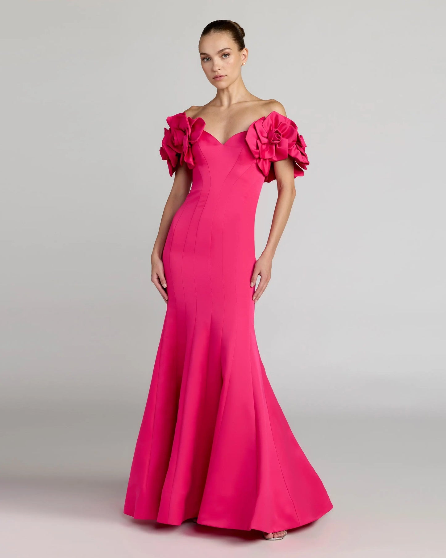 Pink Off The Shoulder Gown with 3D Floral Sleeves Mac Duggal