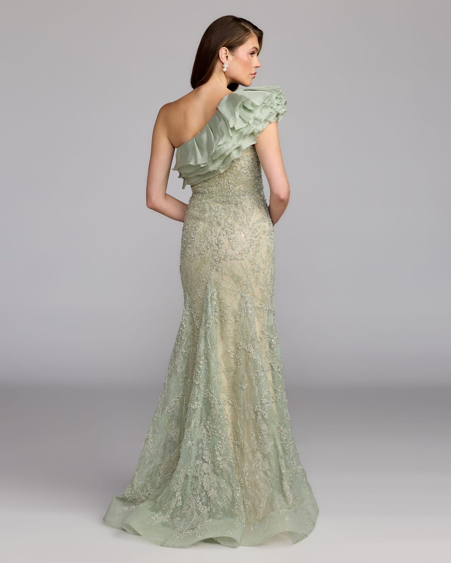 Green Embellished Lace One Shoulder Trumpet Gown - Mac Duggal