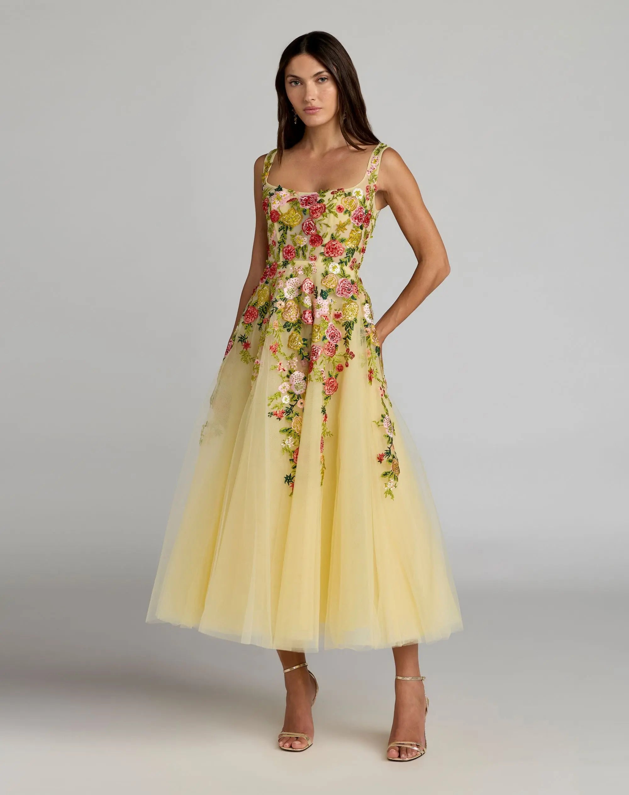 Mac Duggal Women's Embroidered Tulle A-Line Midi Dress - Yellow - Size 4