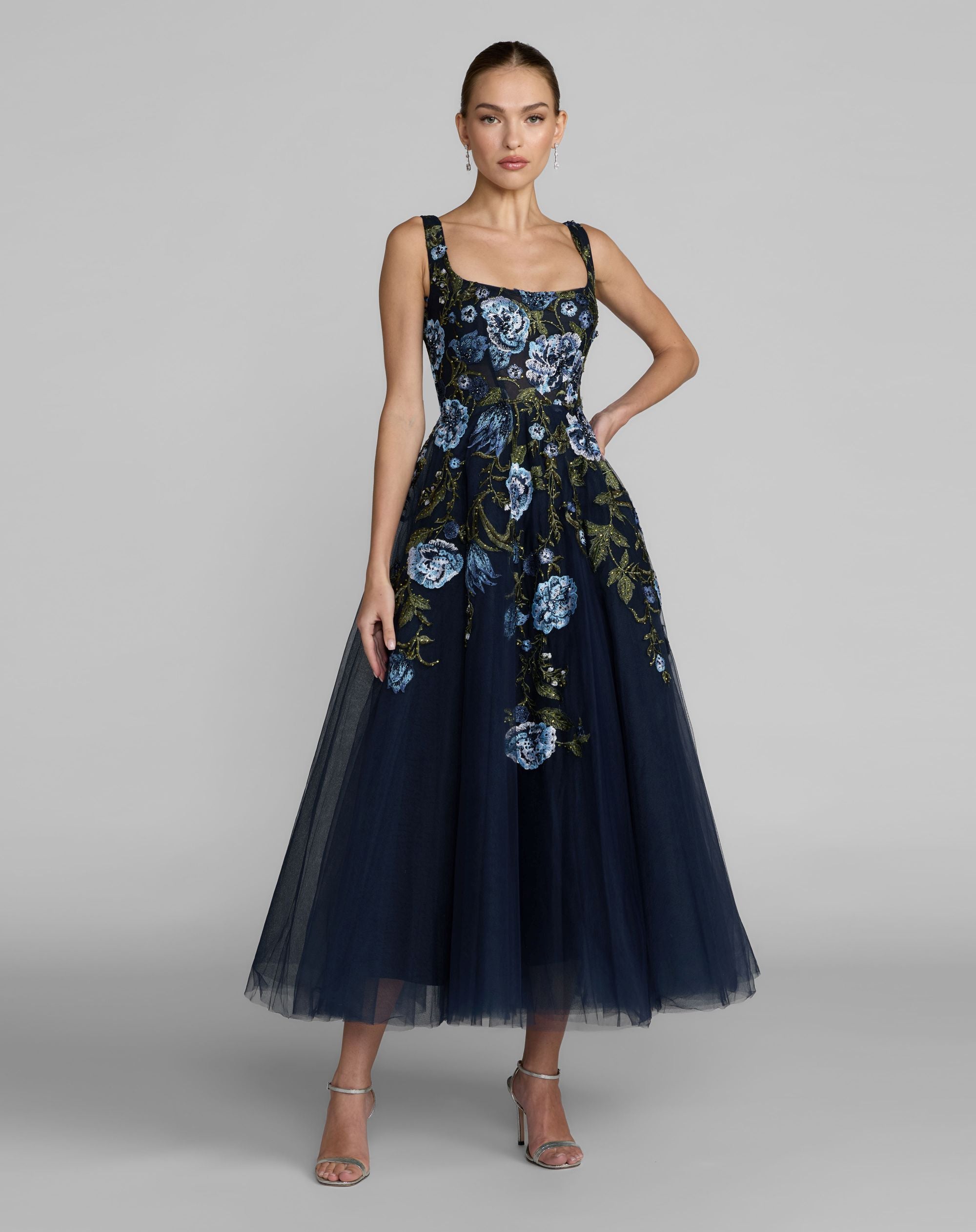 Navy Square Neck Embroidered A-Line Midi Dress | Mac Duggal