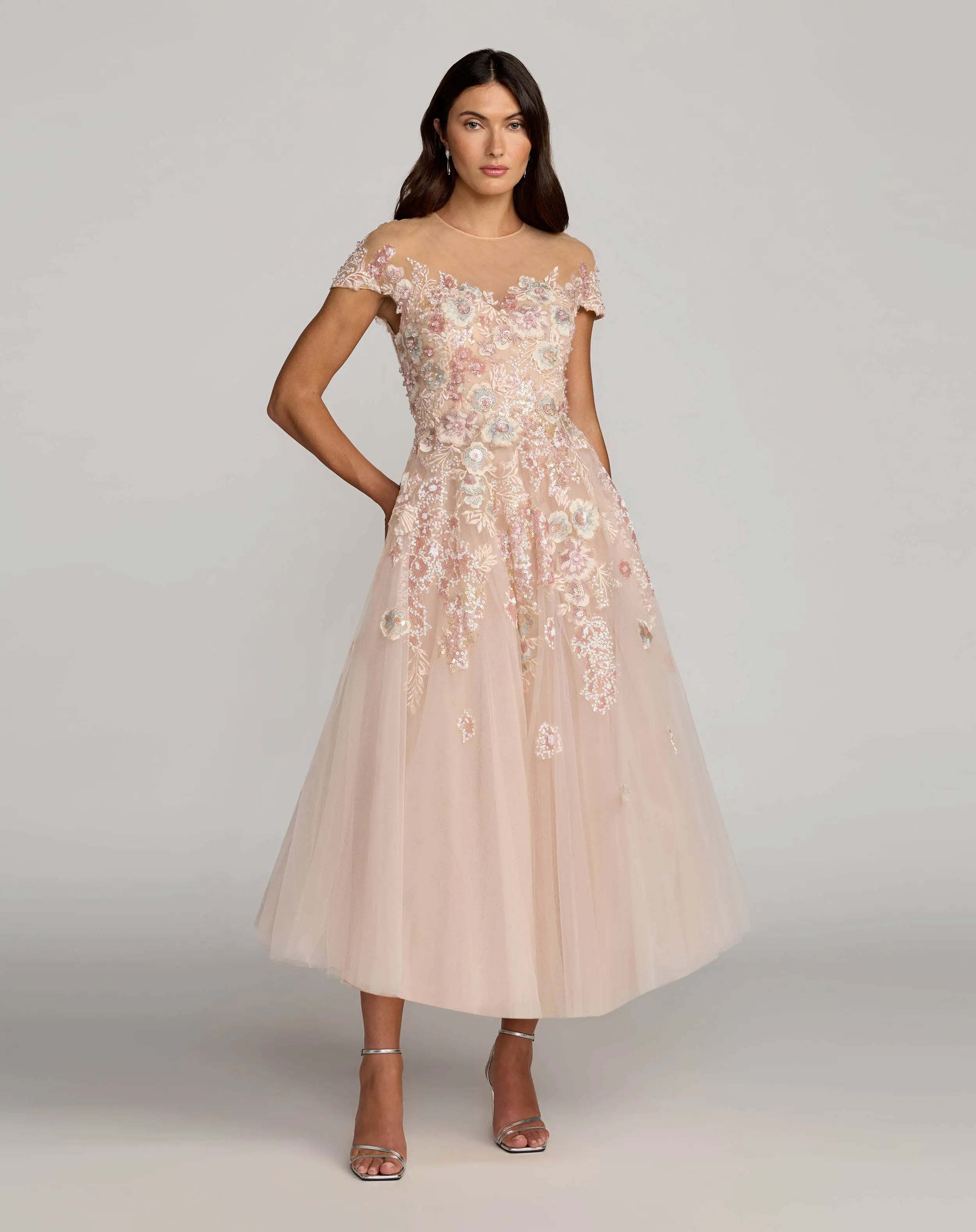 Pink Embroidered Tulle High Neck Cap Sleeve Dress | Mac Duggal