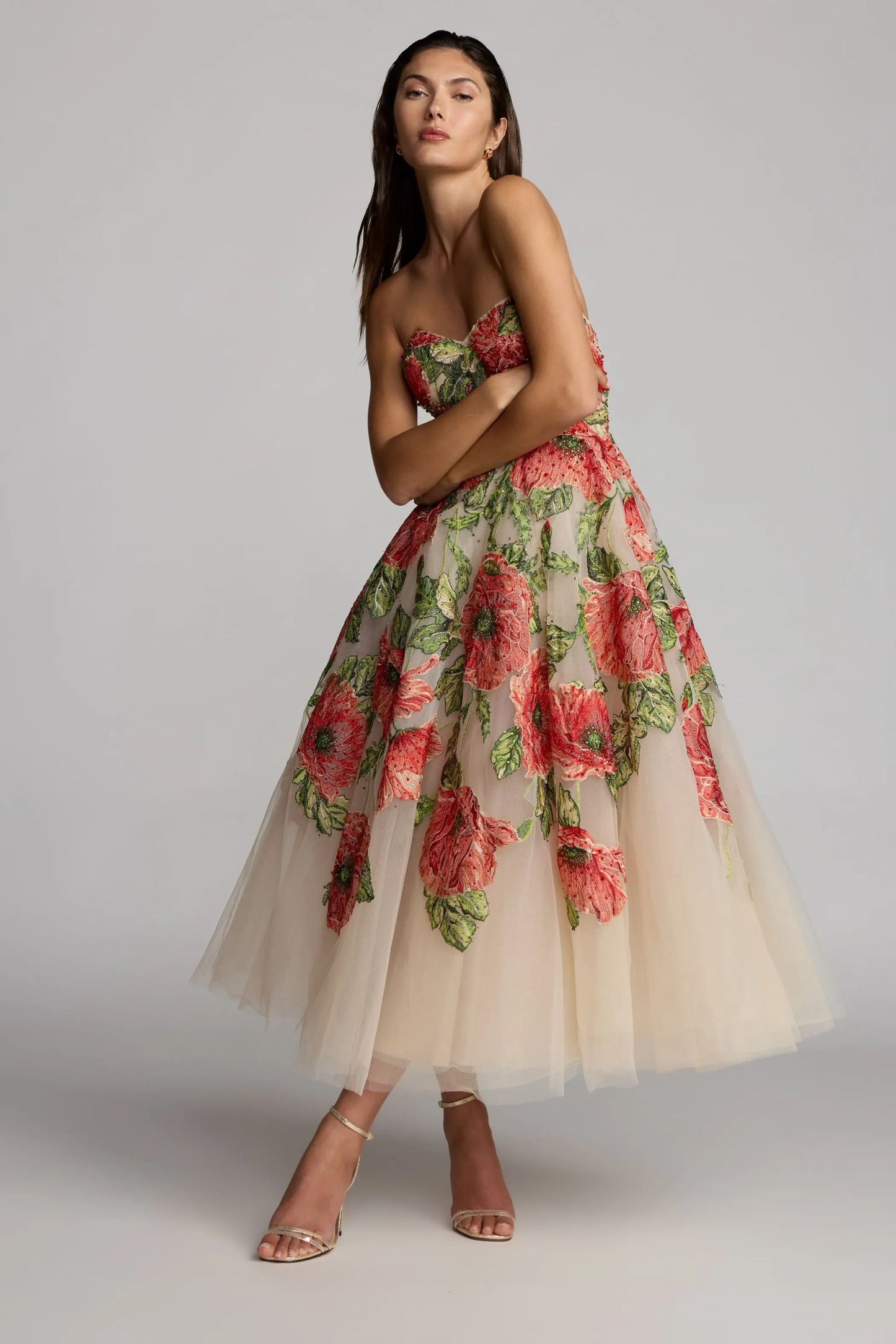 Beige Strapless Floral Embroidered Midi Dress Mac Duggal