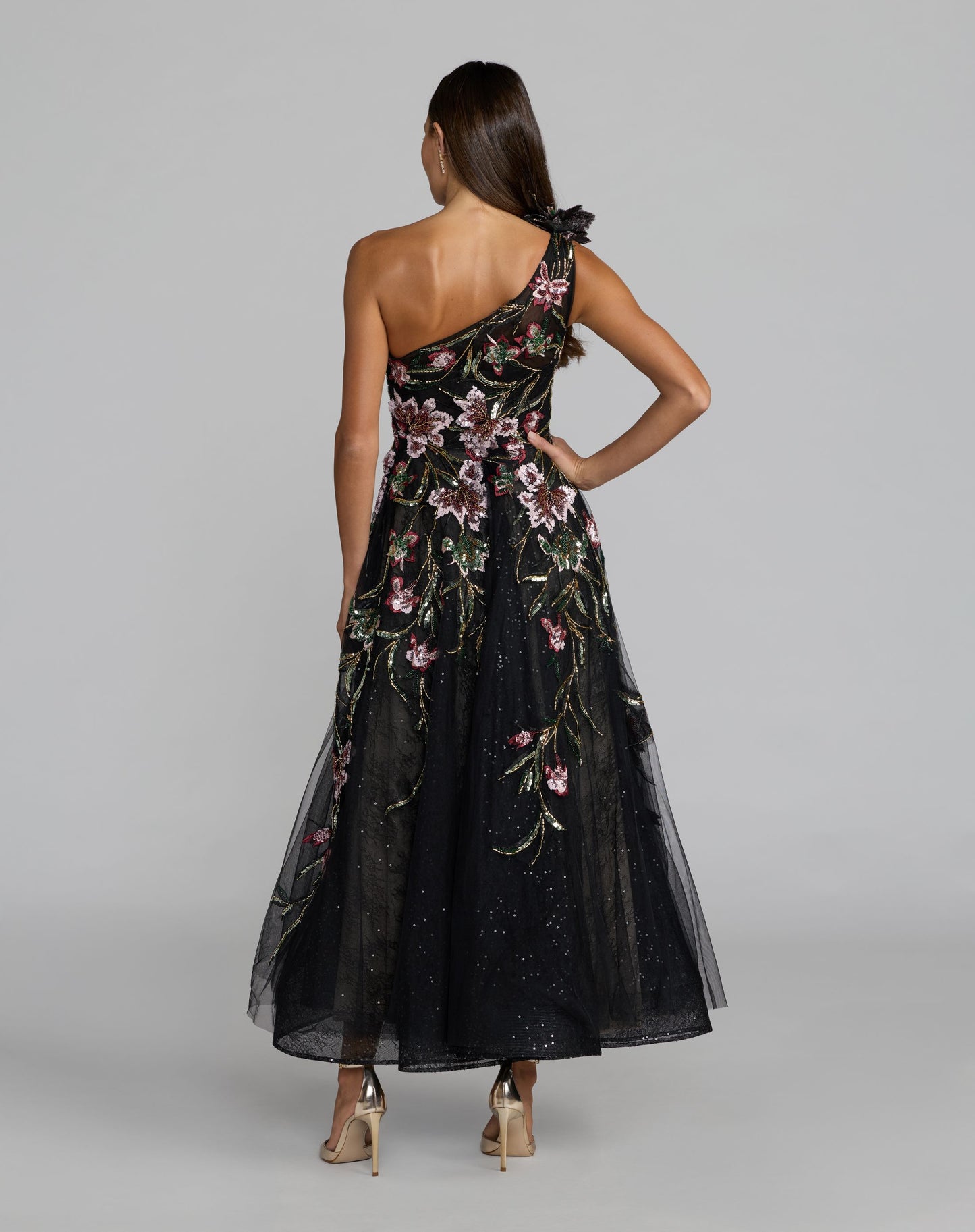 Black Embroidered Floral One Shoulder A-Line Dress - Mac Duggal