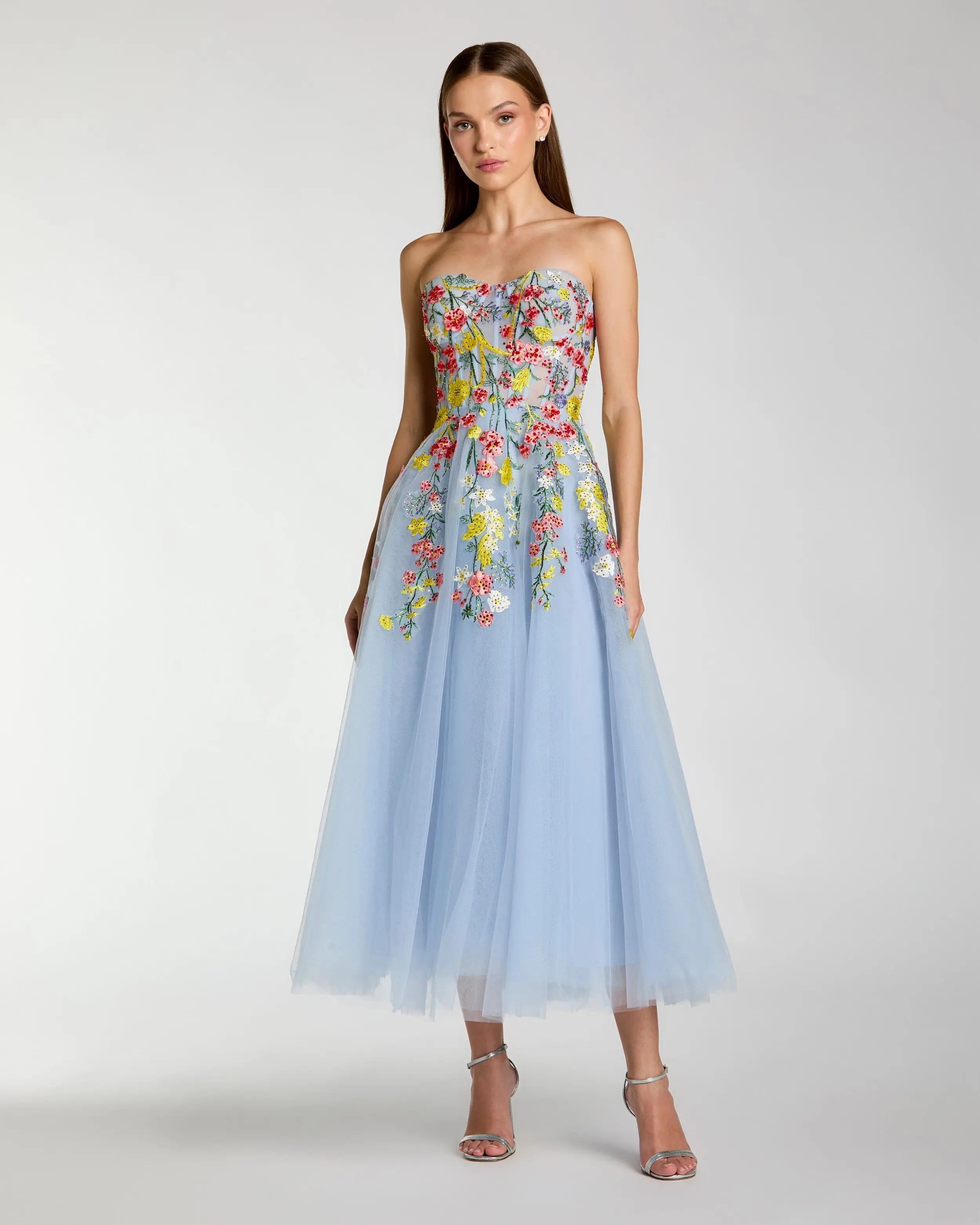 Blue Strapless Floral Embroidered A-Line Midi Dress | Mac Duggal Blue Strapless Floral Embroidered A-Line Midi Dress | Mac Duggal