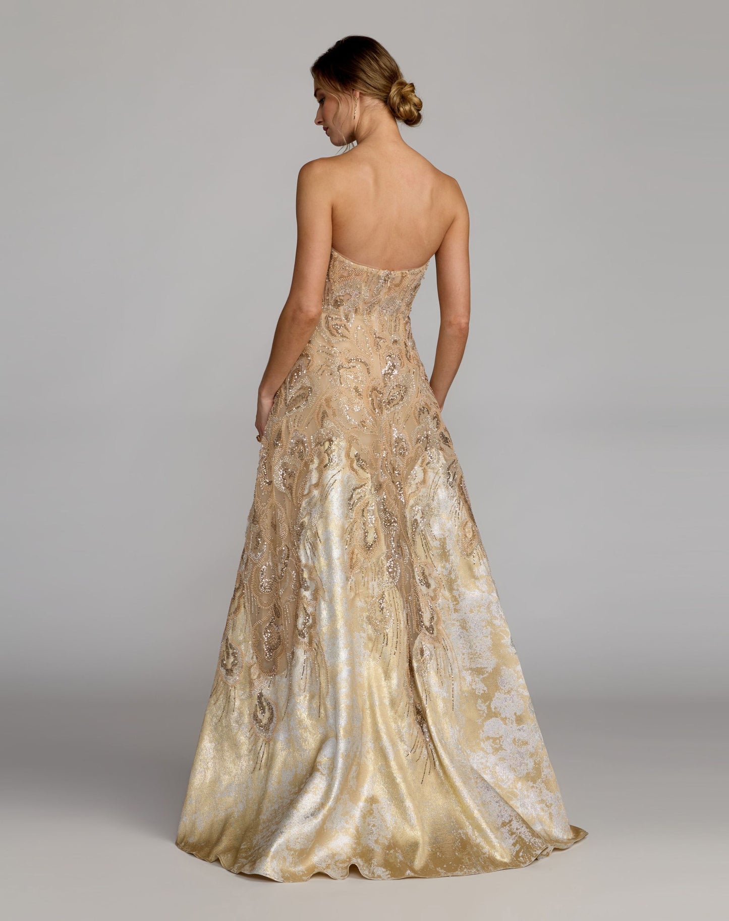 Gold Strapless Embellished Brocade A-Line Gown - Mac Duggal