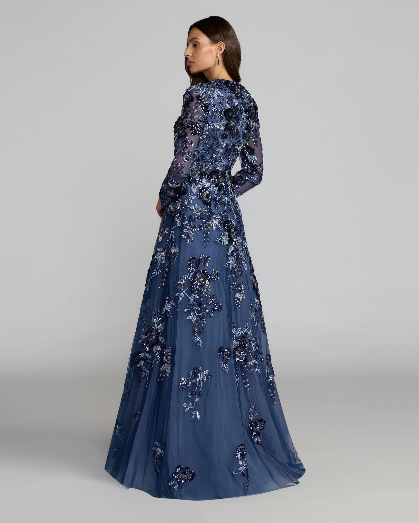 Blue Embellished Floral A Line Gown Mac Duggal