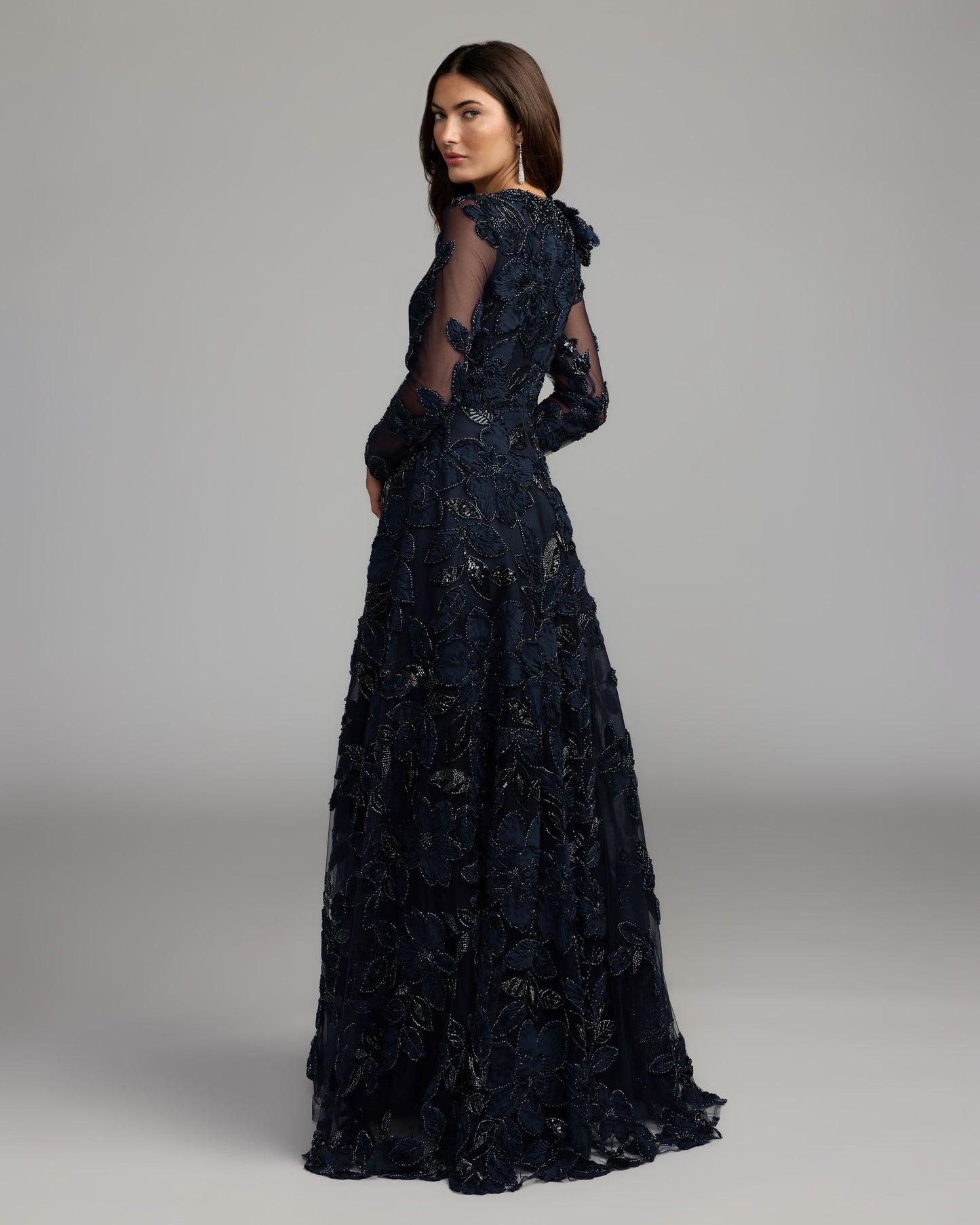 Navy Floral Embellished Long Sleeve Gown Mac Duggal
