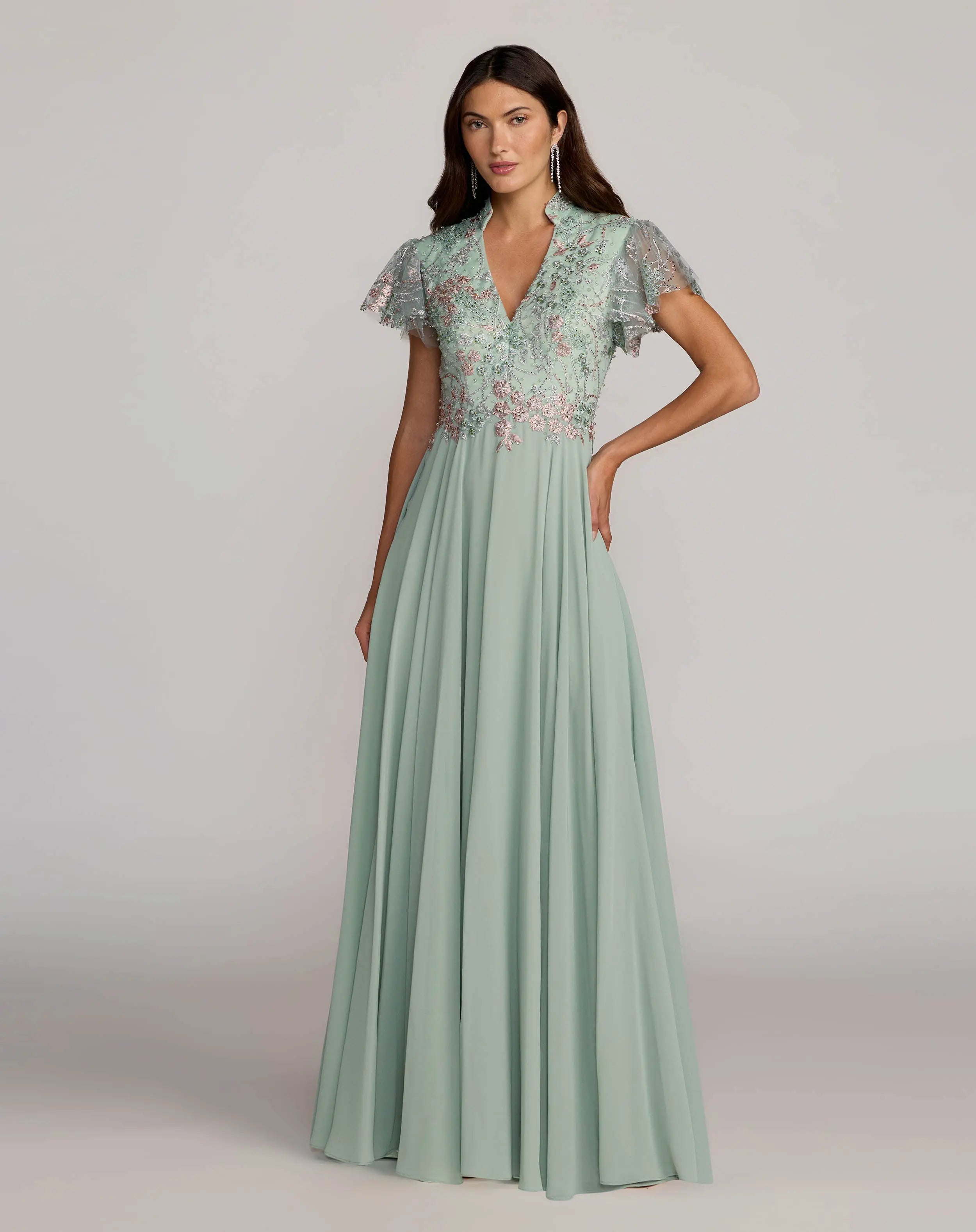 mac duggal sage green dress Embroidered Flutter Sleeve V Neck Gown Special Event Designer Mart - Women's Size:US 28W Chiffon Prom Dress