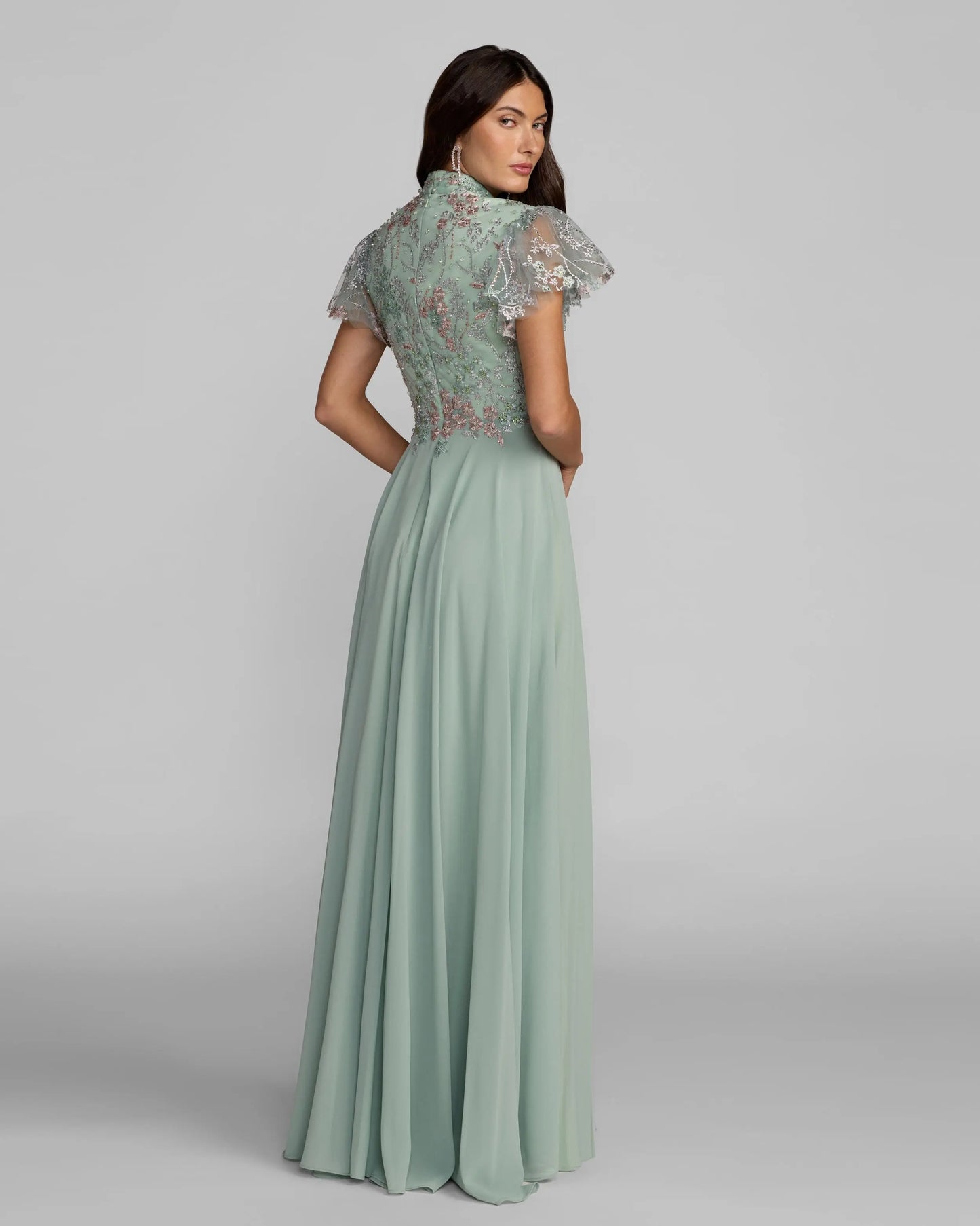 Green Embroidered Flutter Sleeve V Neck Gown Mac Duggal
