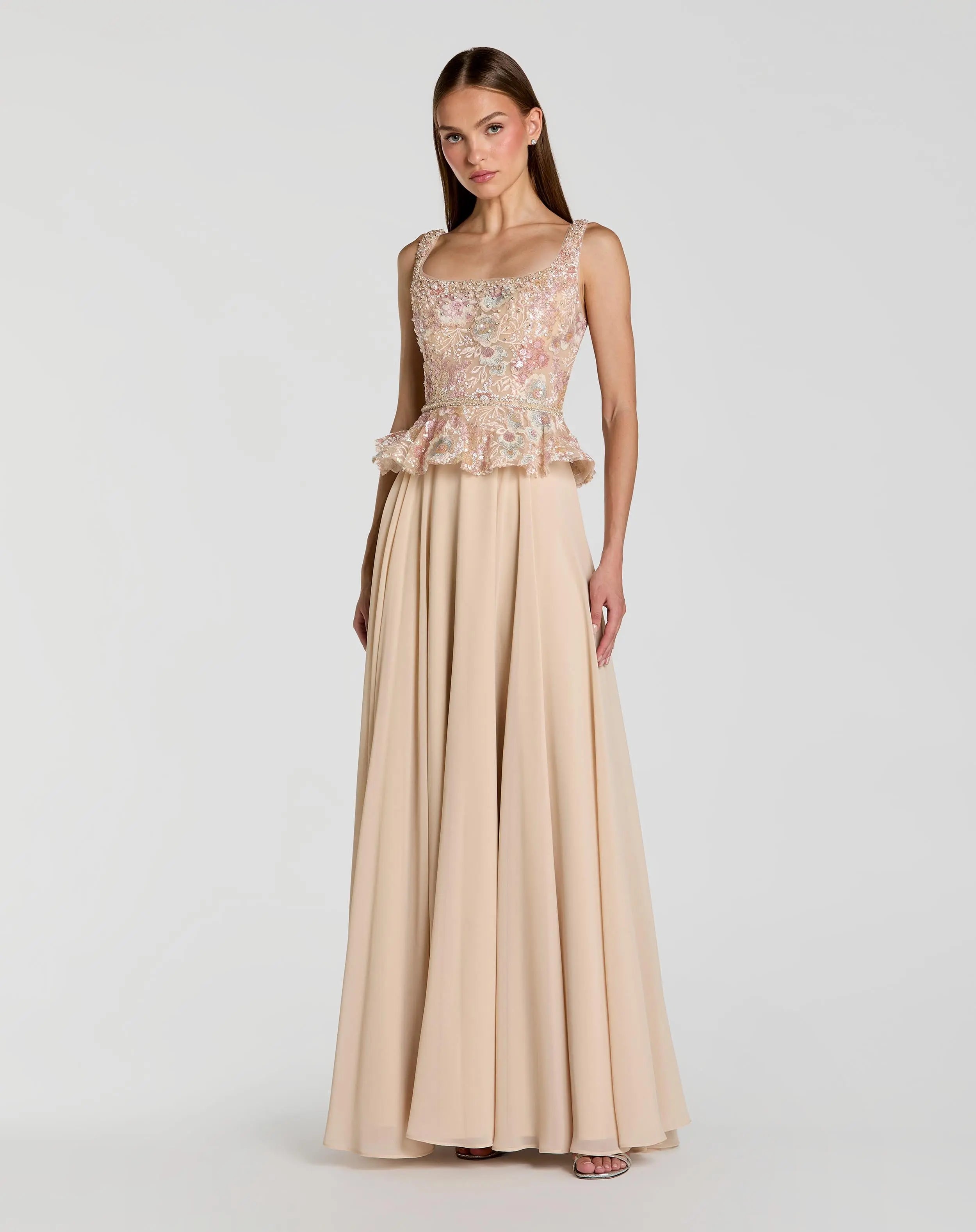 Mac Duggal Women's Embroidered Peplum Top With Chiffon Skirt Gown - Tan/Beige - Size 4 Mac Duggal Women's Embroidered Peplum Top With Chiffon Skirt Gown - Tan/Beige - Size 4