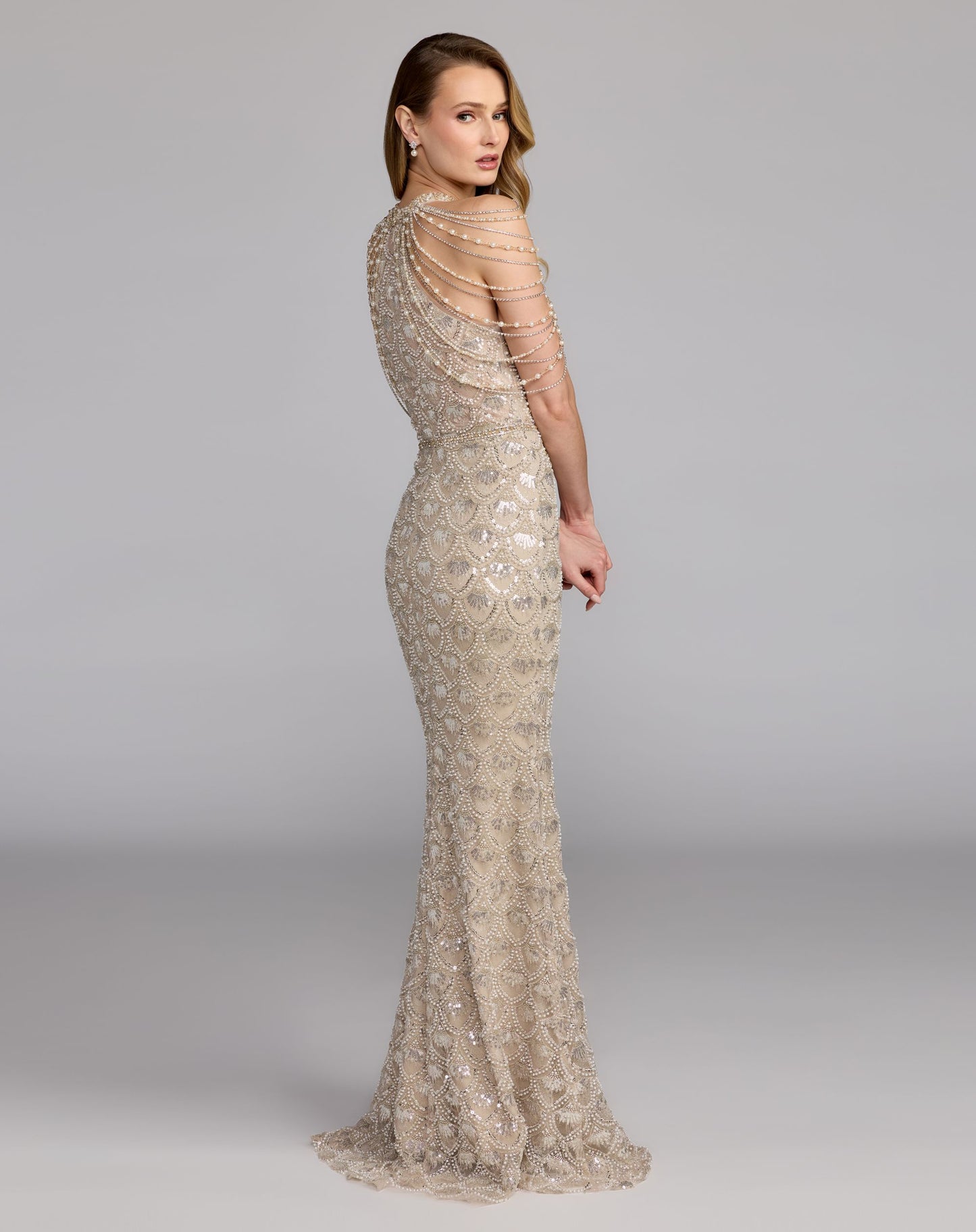 Ivory Draped Pearl Embellished Column Gown - Mac Duggal