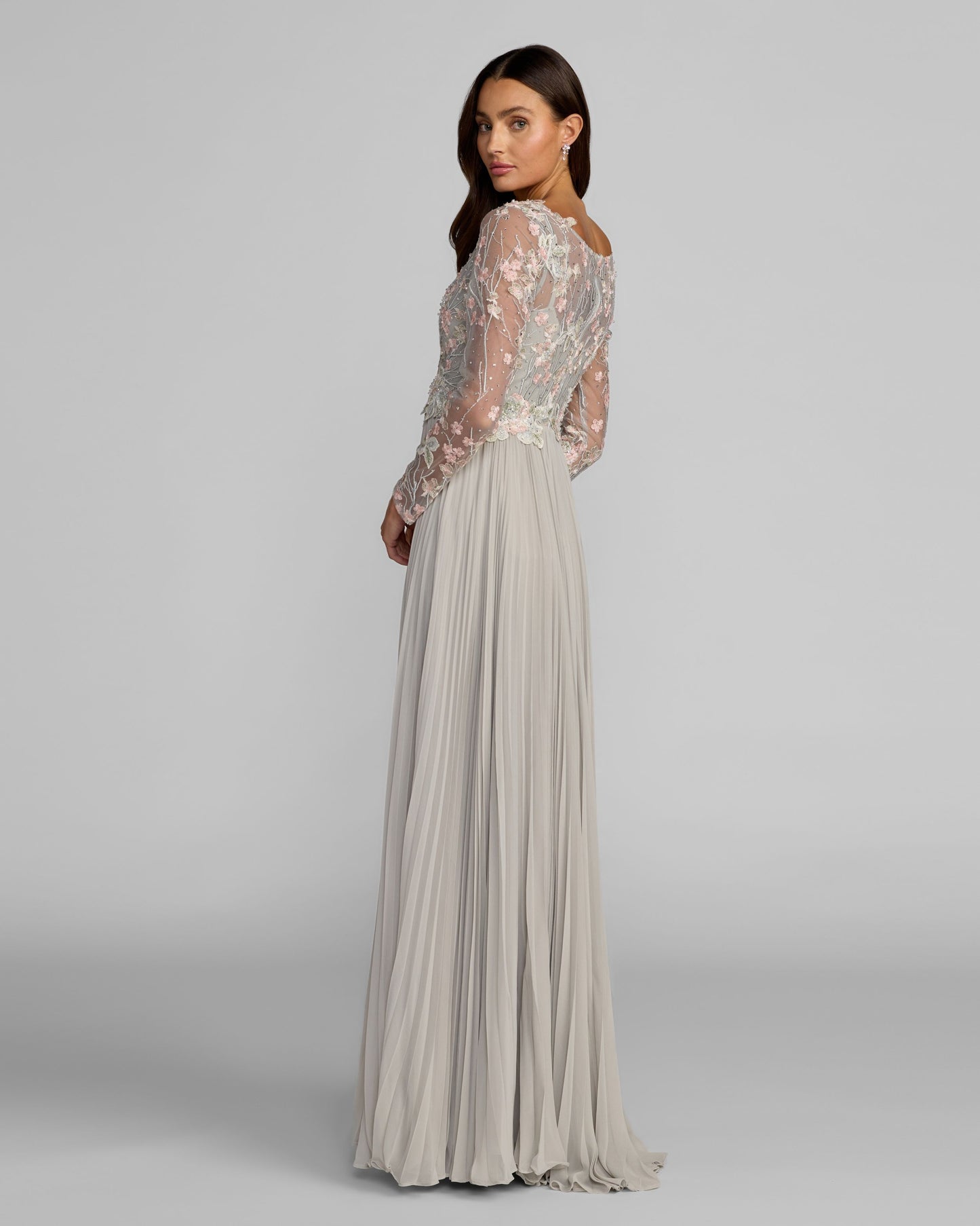 Gray Long Sleeve Chiffon Embroidered A Line Gown Mac Duggal