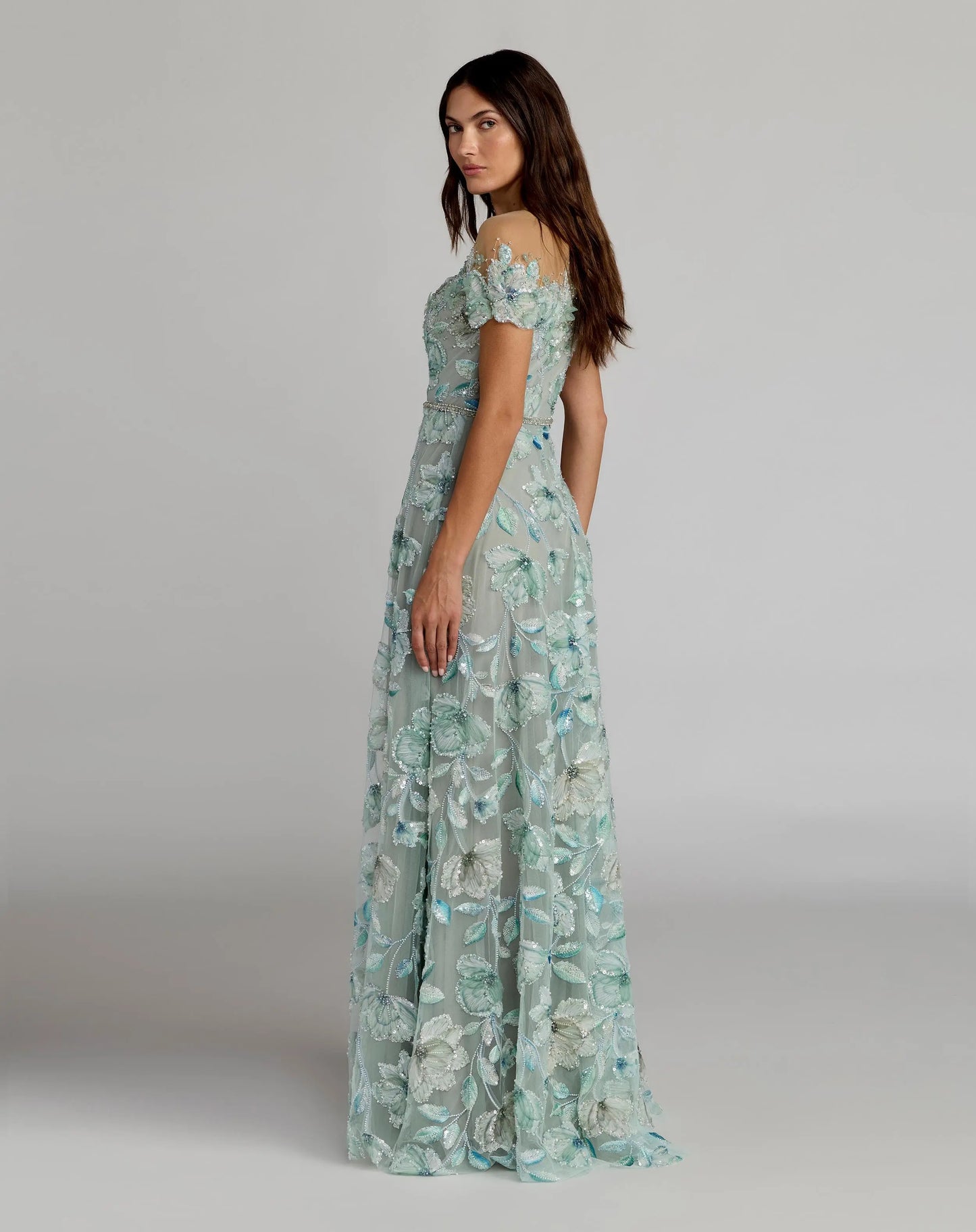 Green High Neck Cap Sleeve Embellished A-Line Gown - Mac Duggal