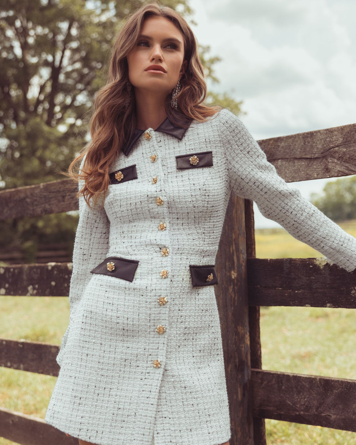 White Long Sleeve Button Up Collared Mini Dress - Mac Duggal