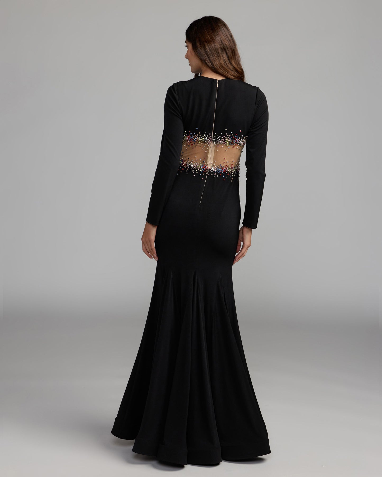 Black Crystal Embellished Illusion Jersey Gown Ieena for Mac Duggal