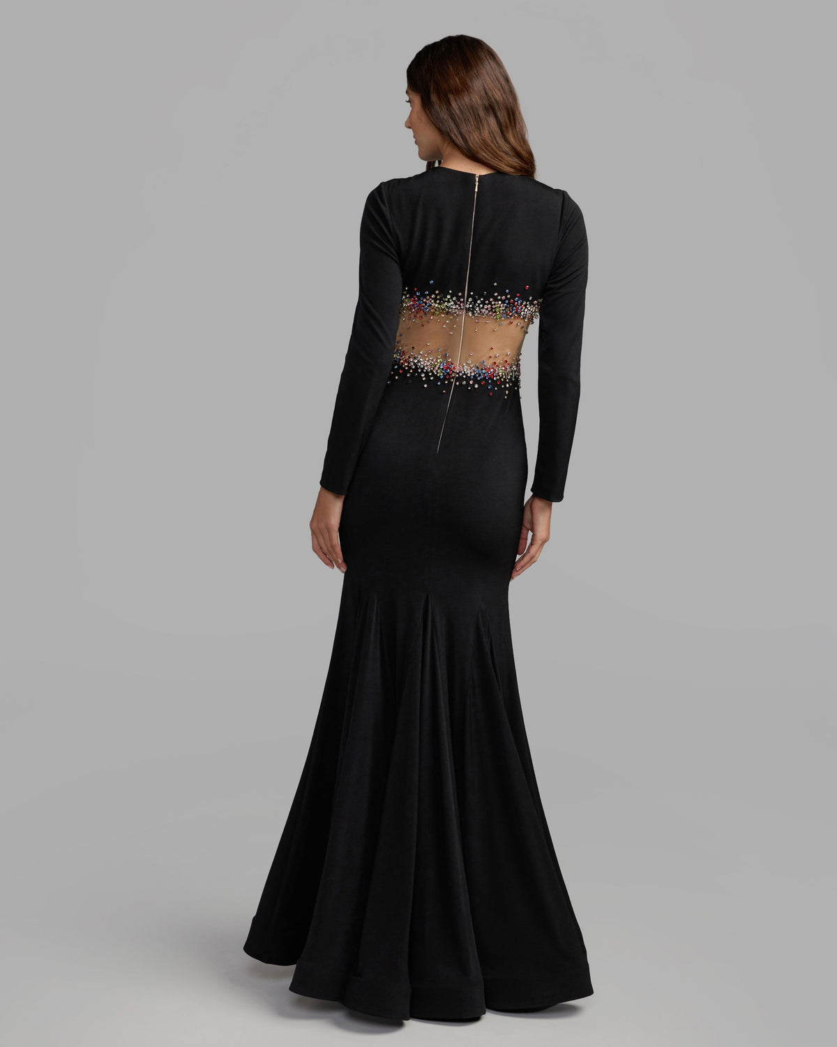 Black Multicolor Crystal Embellished Illusion Jersey Gown - Ieena for Mac Duggal