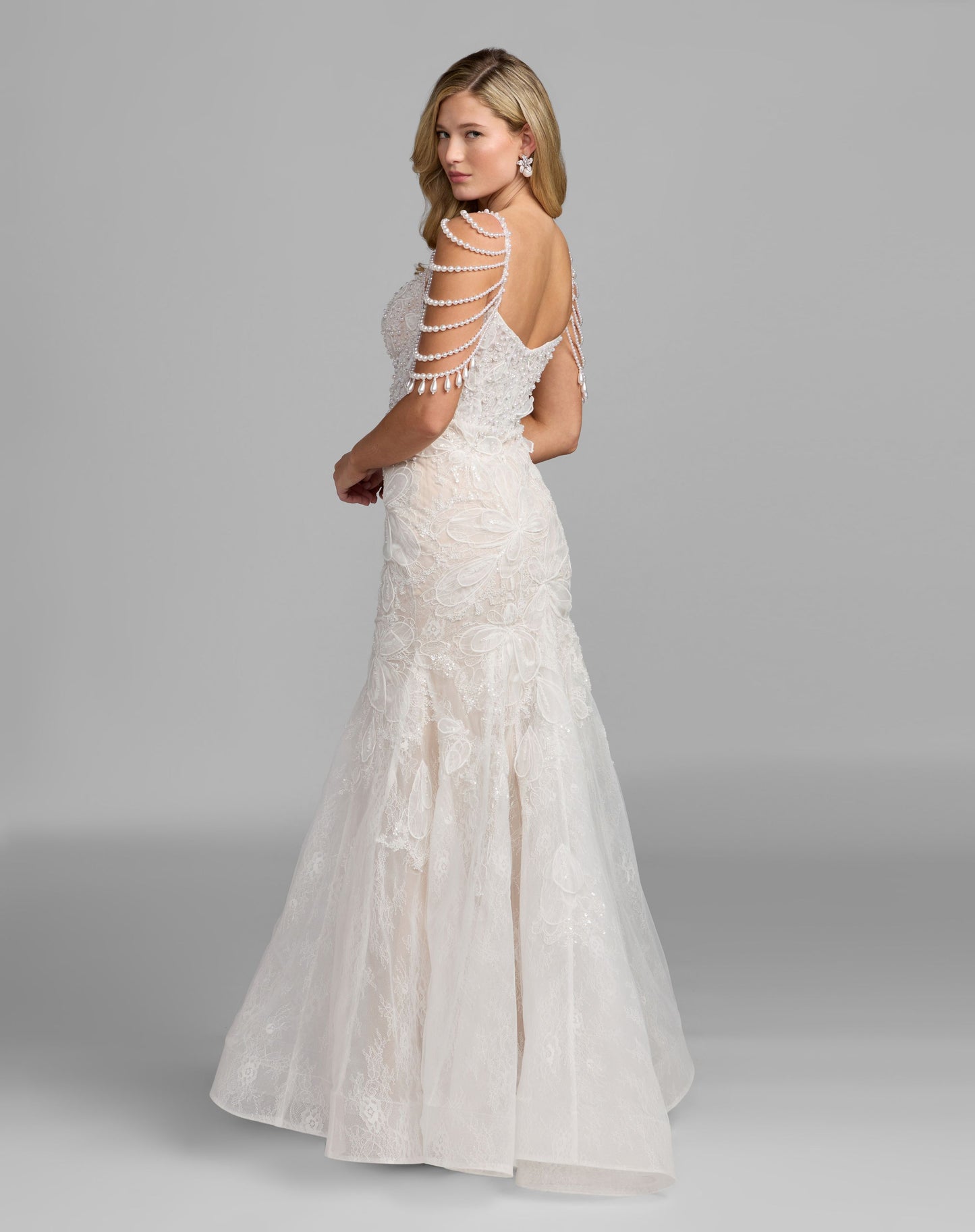 White Floral Lace Mermaid Gown With Draped Beading - Mac Duggal