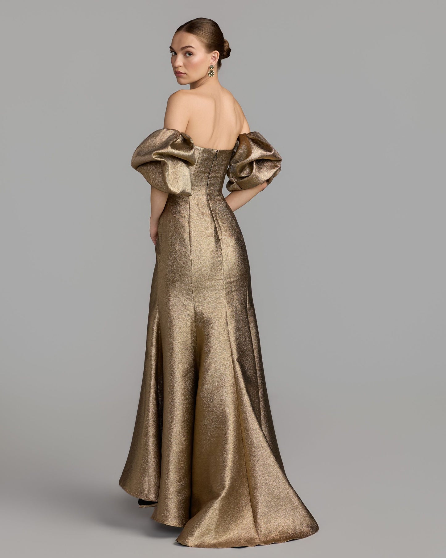 Gold Brocade Off The Shoulder Puff Sleeve Gown Ieena for Mac Duggal