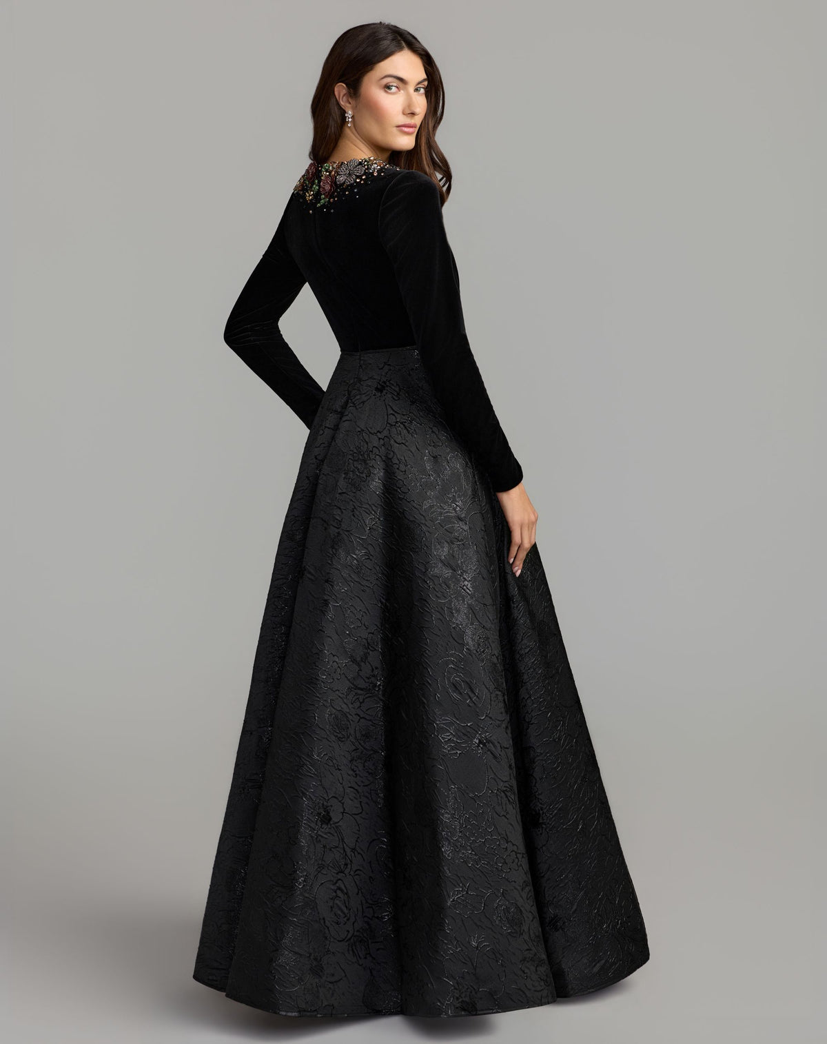 Black Multi Embellished Long Sleeve Brocade Ball Gown - Mac Duggal