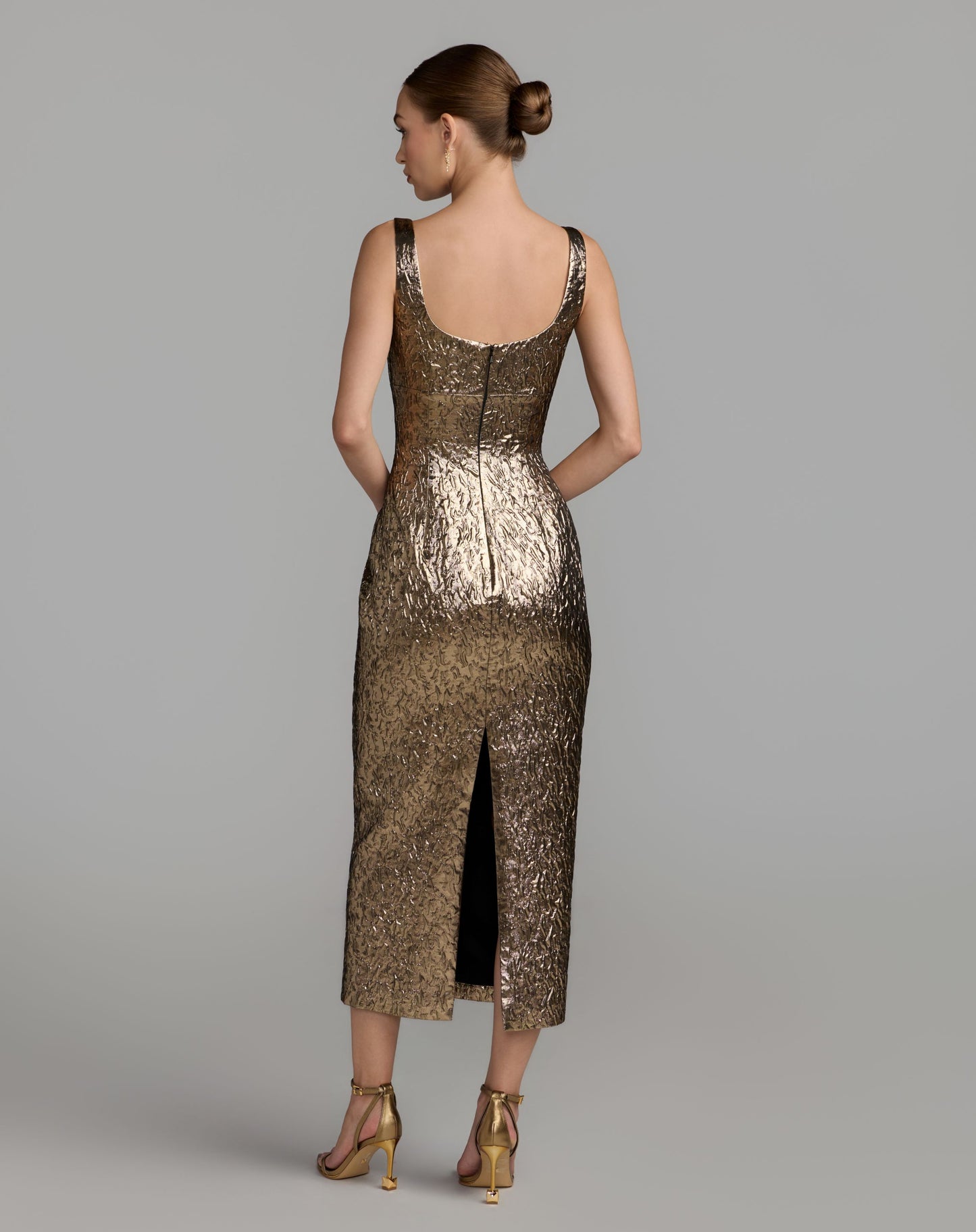Gold Metallic Scoop Neck Brocade Midi Dress - Mac Duggal