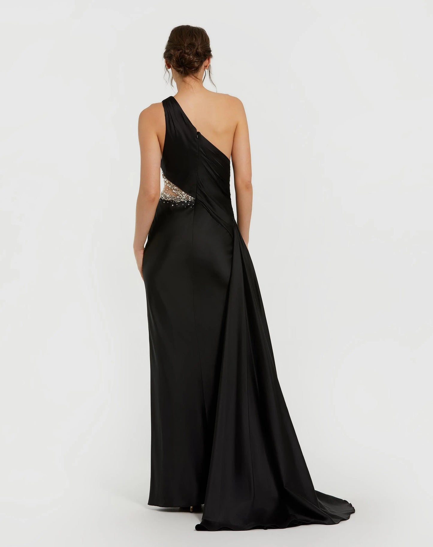 Black One Shoulder Charmeuse Gown With Beaded Cutout - Mac Duggal