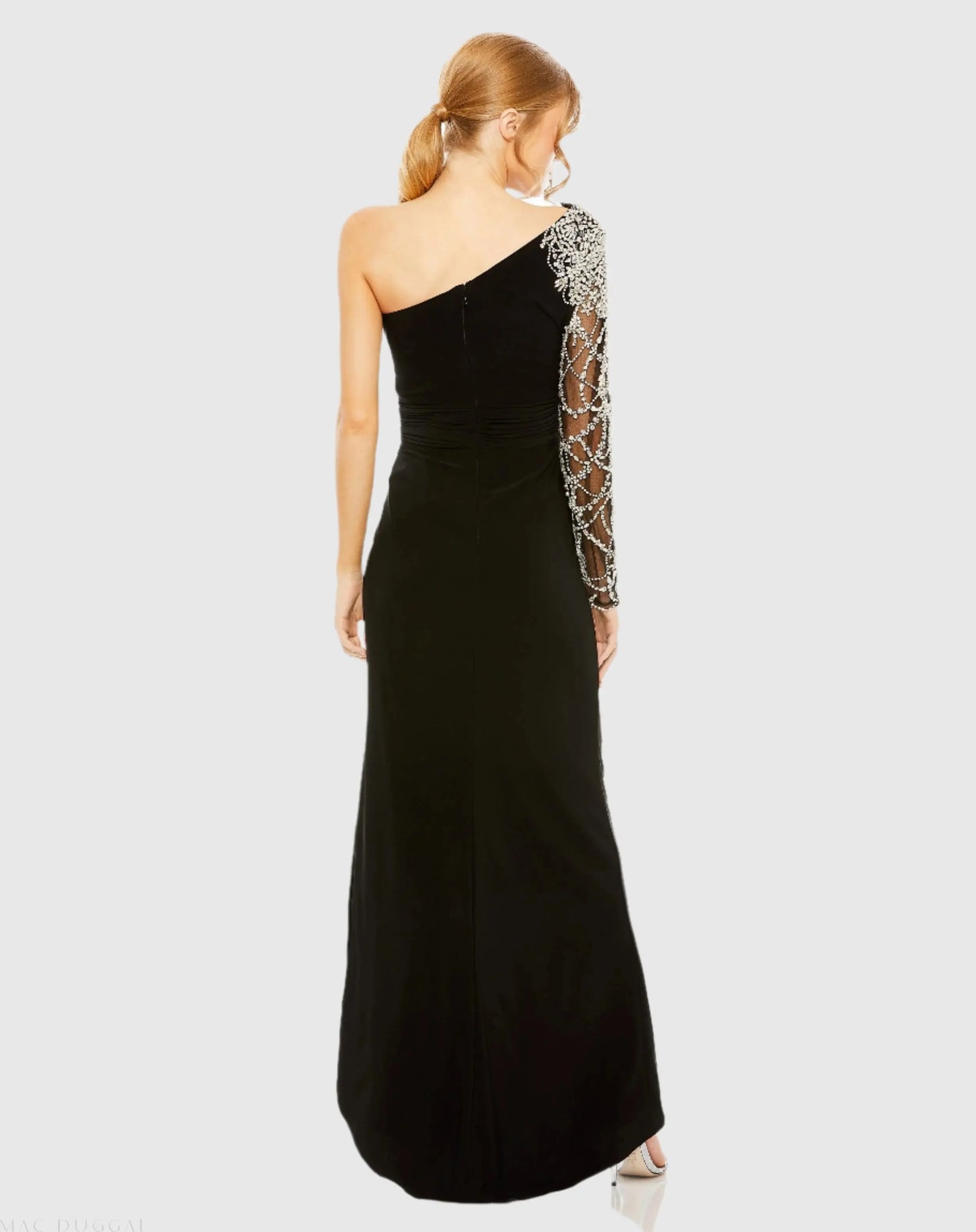 Black Embellished One Shoulder Long Sleeve Gown - Mac Duggal