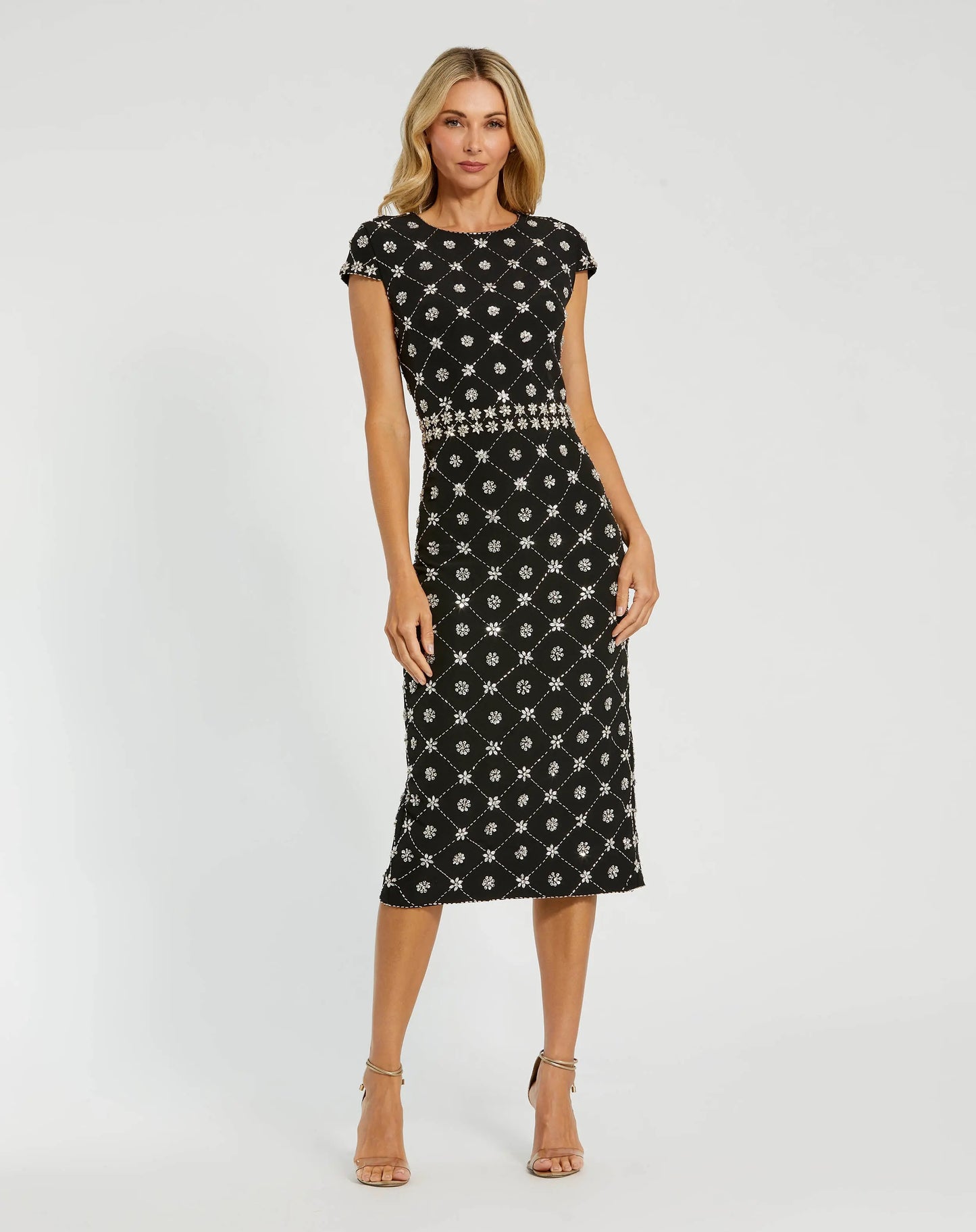 Black Crepe Embellished High Neck Cap Sleeve Midi Dress - Mac Duggal