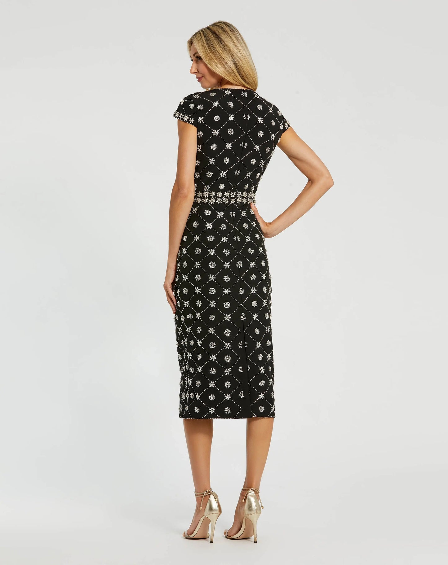 Black Crepe Embellished High Neck Cap Sleeve Midi Dress - Mac Duggal