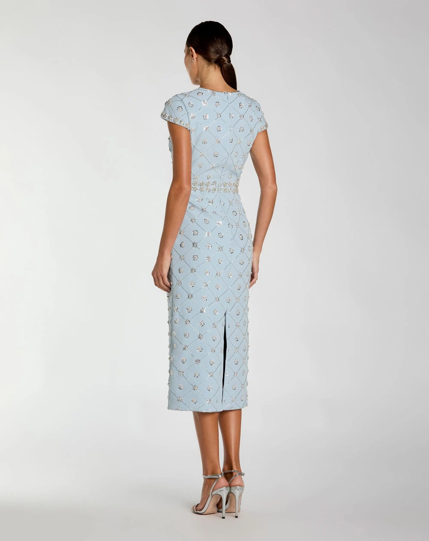 Blue Hand Embellished High Neck Midi Dress - Mac Duggal