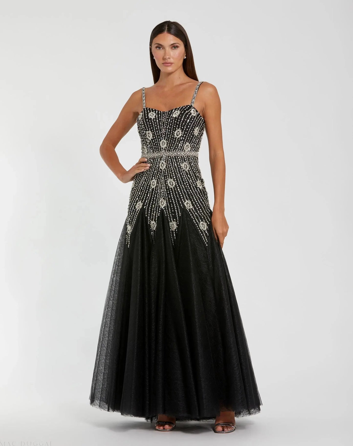 Black Slim Strap Embellished Bustier Gown - Mac Duggal