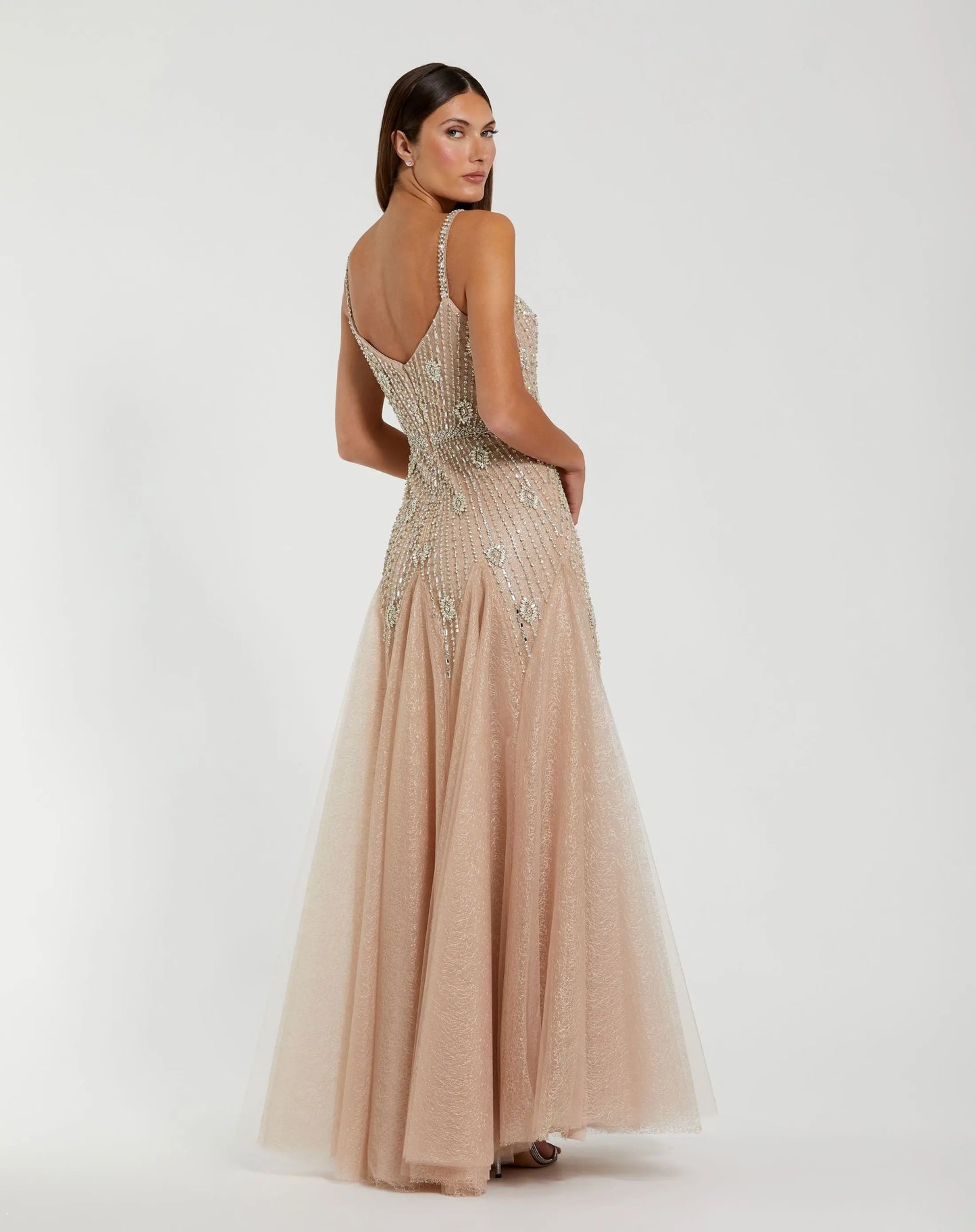 Beige Slim Strap Embellished Bustier Gown - Mac Duggal