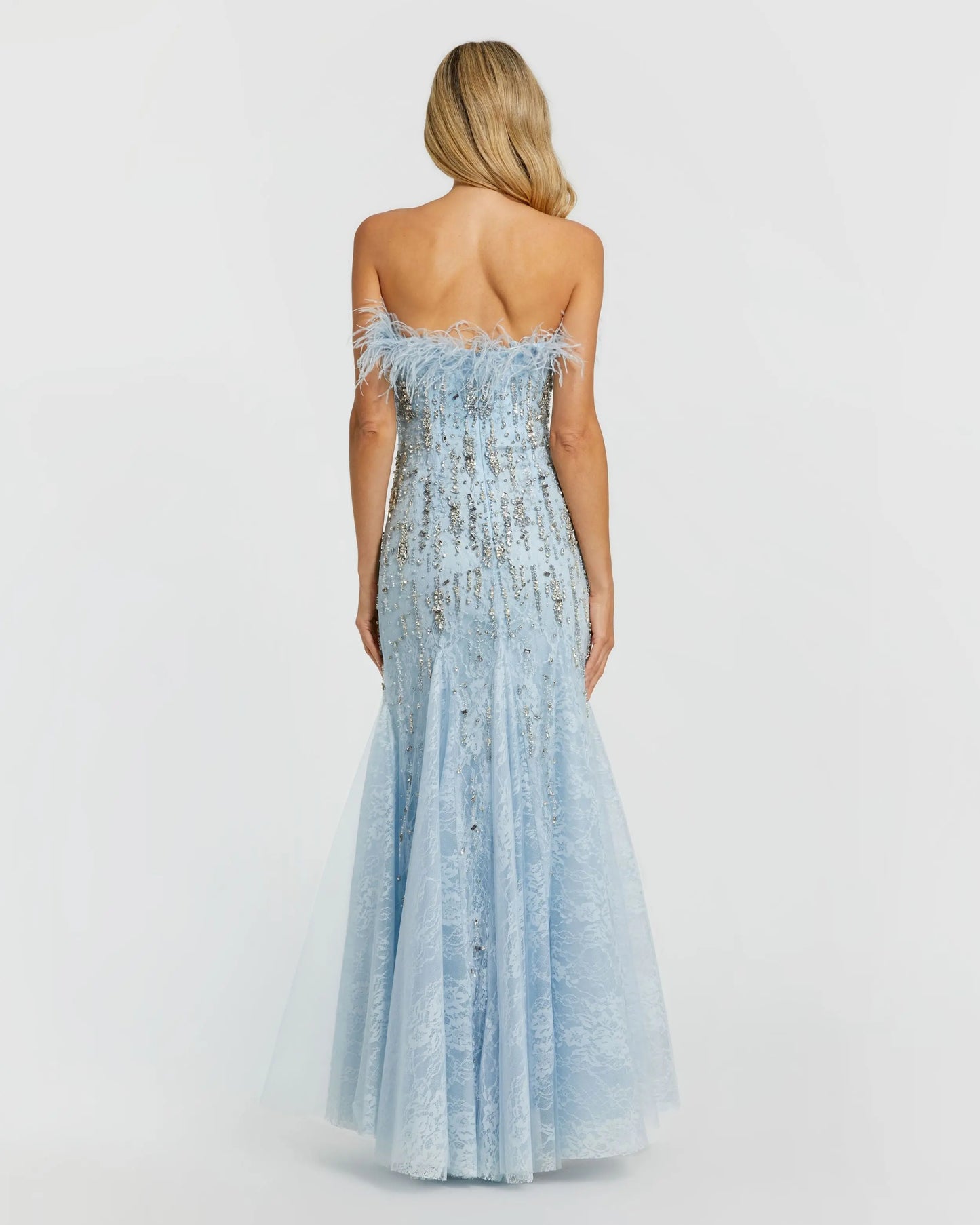 Blue Feather Embellished Strapless Trumpet Gown - Mac Duggal
