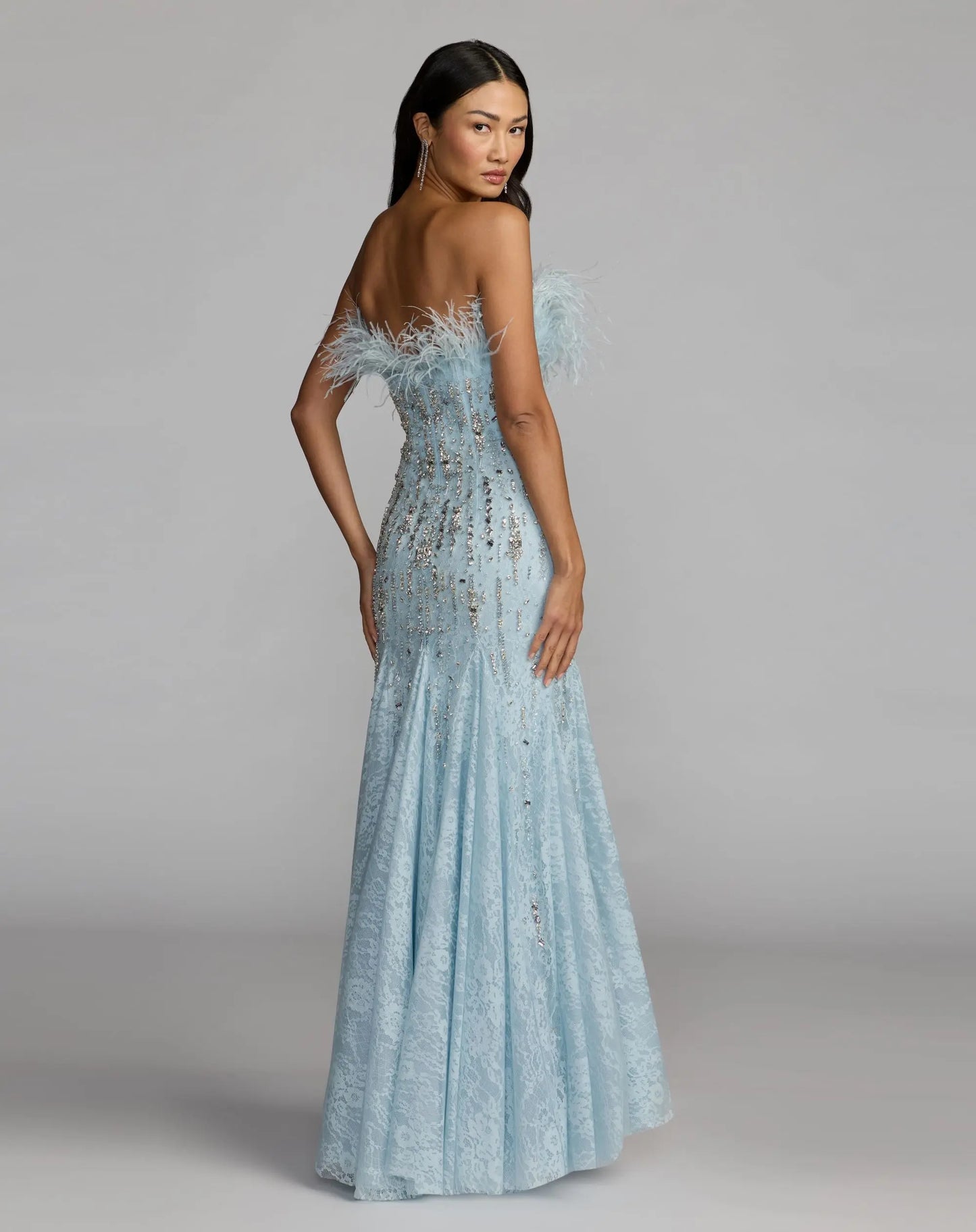 Blue Feather Embellished Strapless Mermaid Gown - Mac Duggal